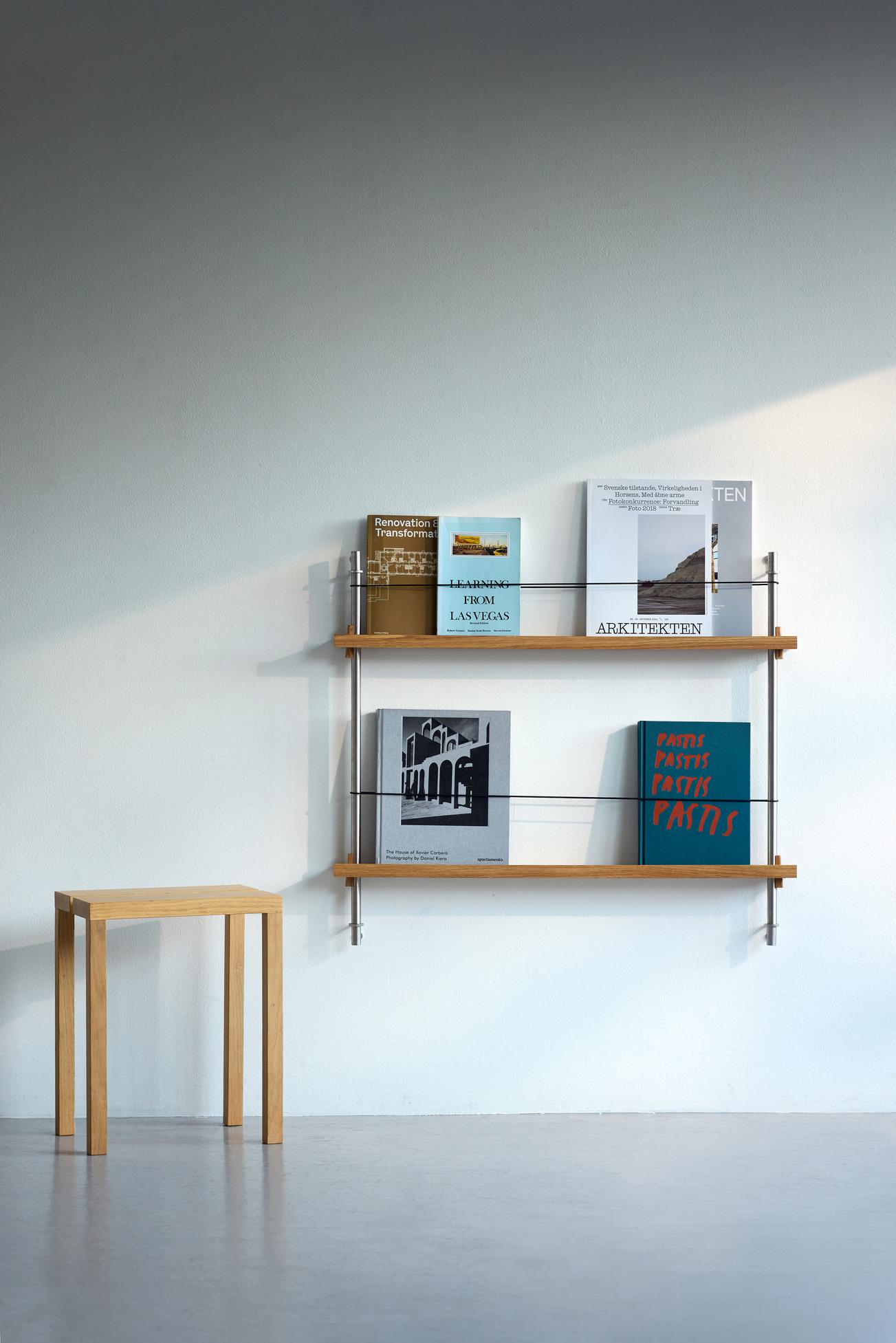 Moebe Magazine Shelving Set Ms.65.1, Oak Shelves/Stainless Steel Legs