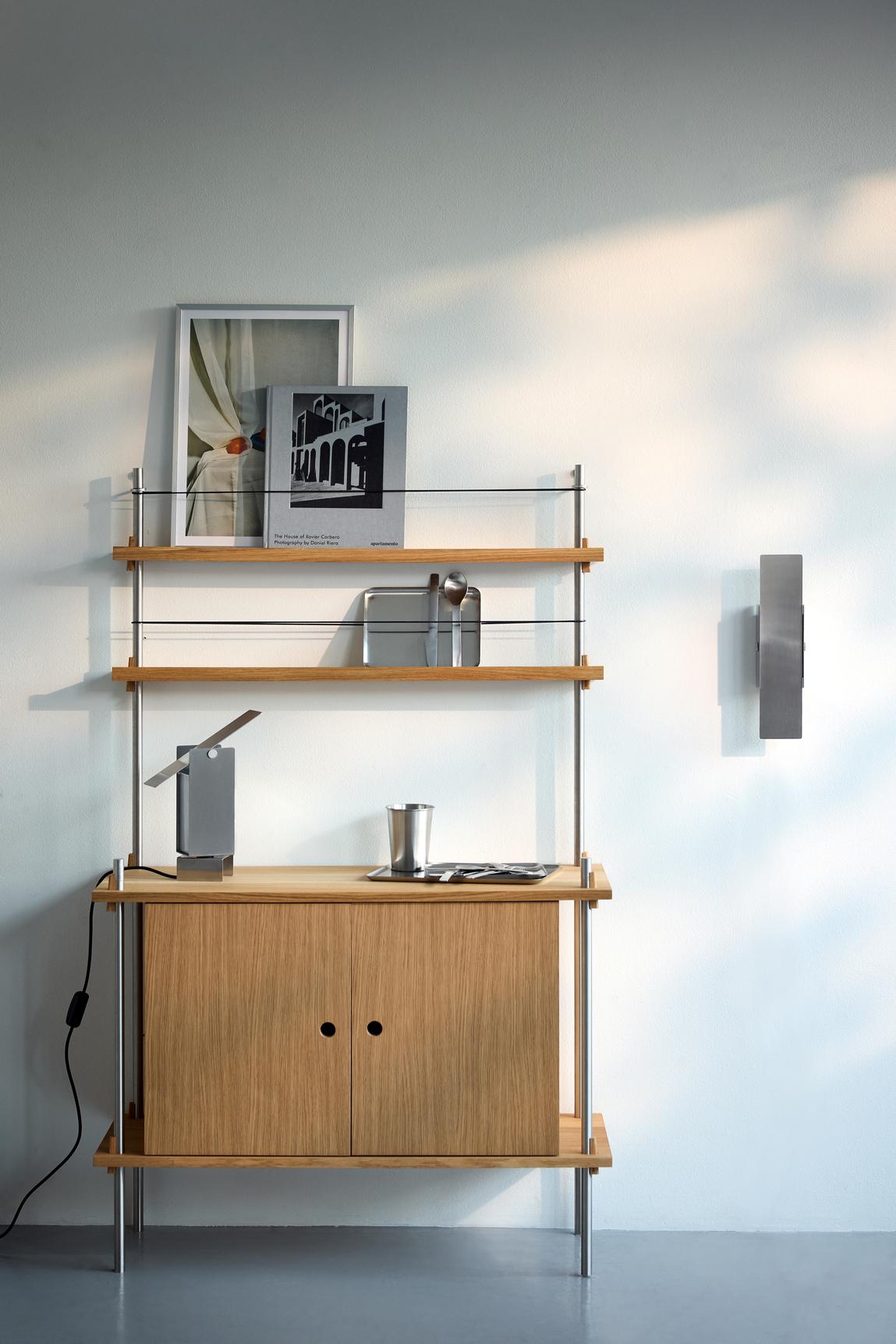 Moebe Magazine Shelving Set Ms.65.1, Oak Shelves/Stainless Steel Legs