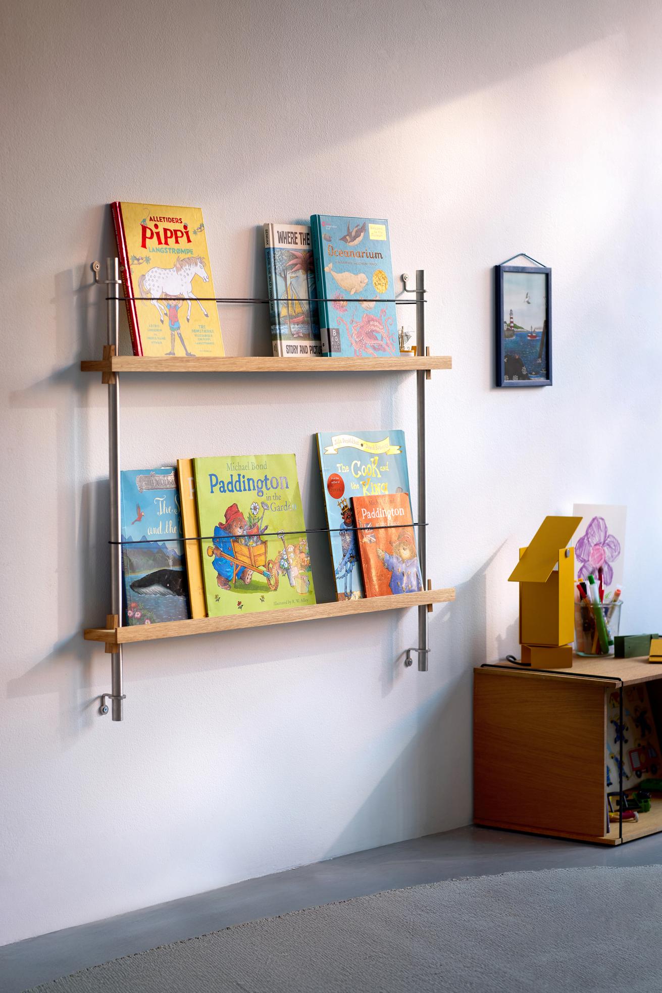 Moebe Magazine Shelving Set Ms.65.1, Oak Shelves/Stainless Steel Legs