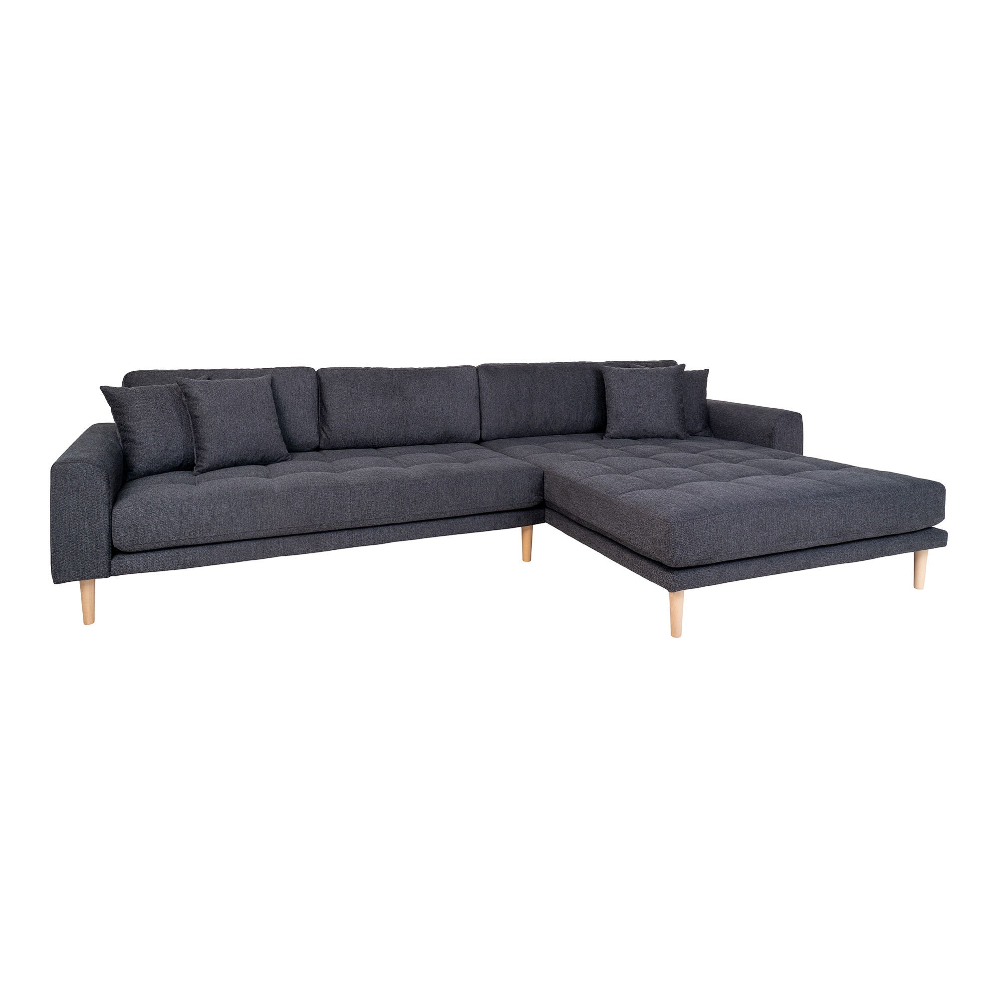 House Nordic Lido Lounge Sofa, Right Facing In Dark Grey With Four Pillows And Nature Wood Legs, Hn1045