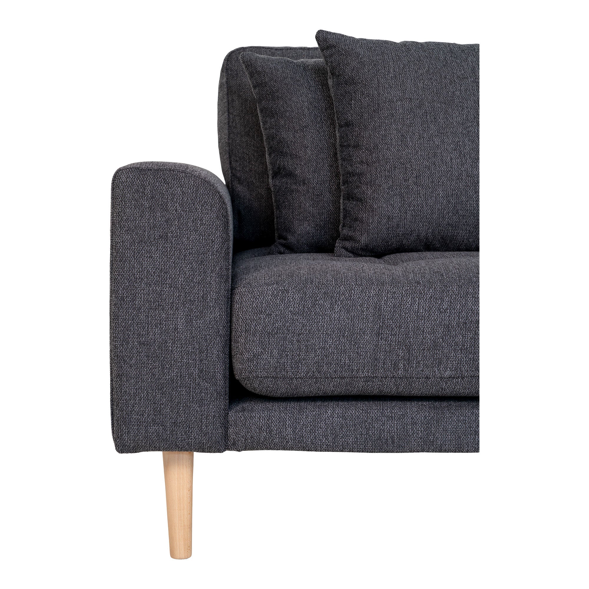 House Nordic Lido Lounge Sofa, Right Facing In Dark Grey With Four Pillows And Nature Wood Legs, Hn1045
