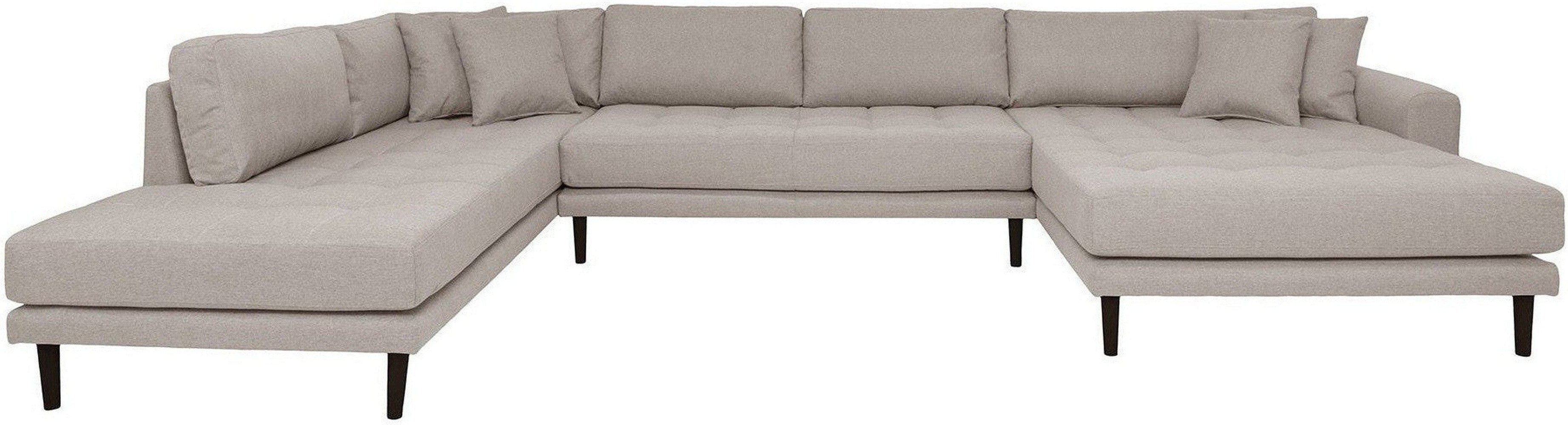 House Nordic Lido U Sofa Open End, Right Facing In Stone With Four Pillows And Black Wood Legs, Hn1030
