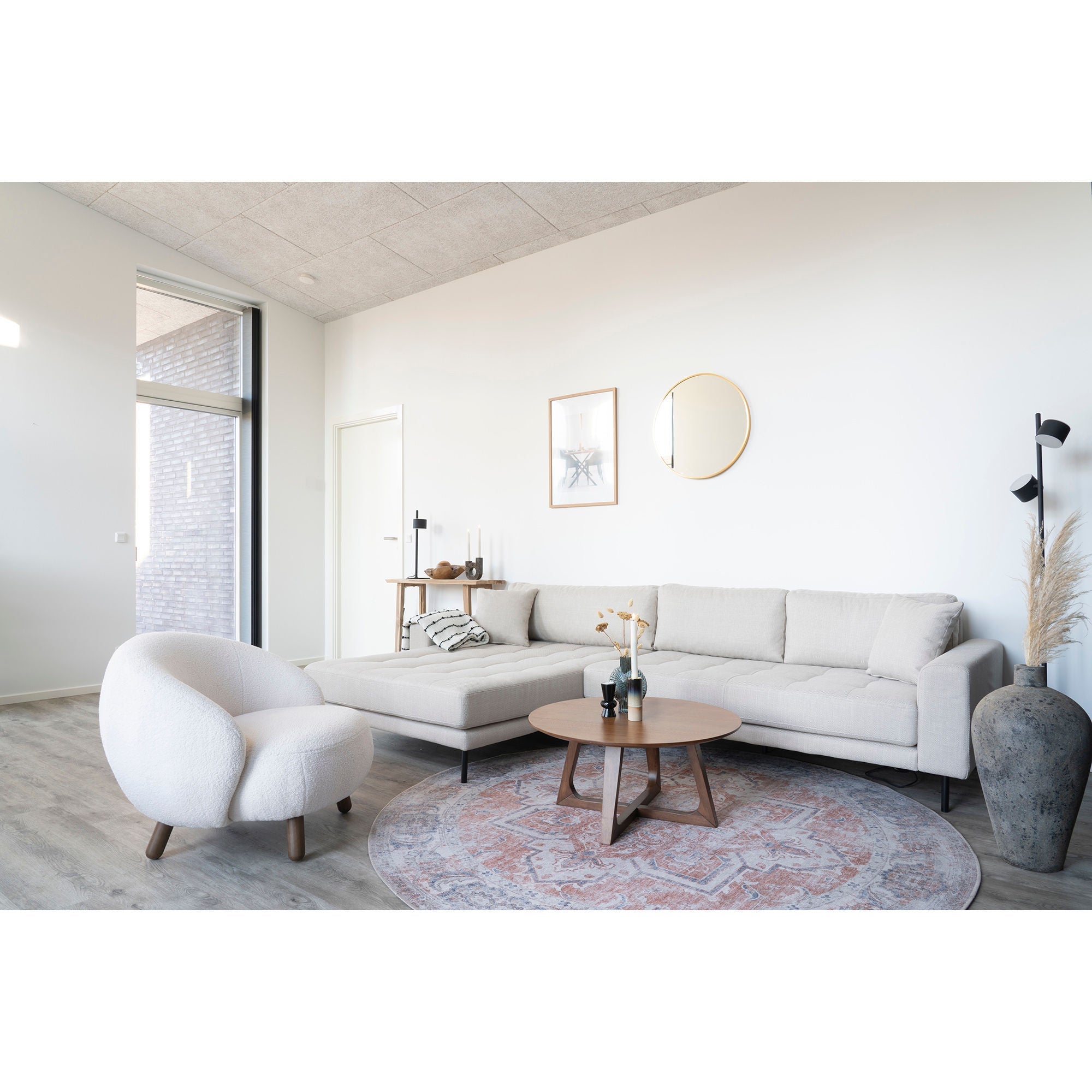 House Nordic Savona Lounge Chair, Artificial Lambskin, White With Walnut Look Legs, Hn1094