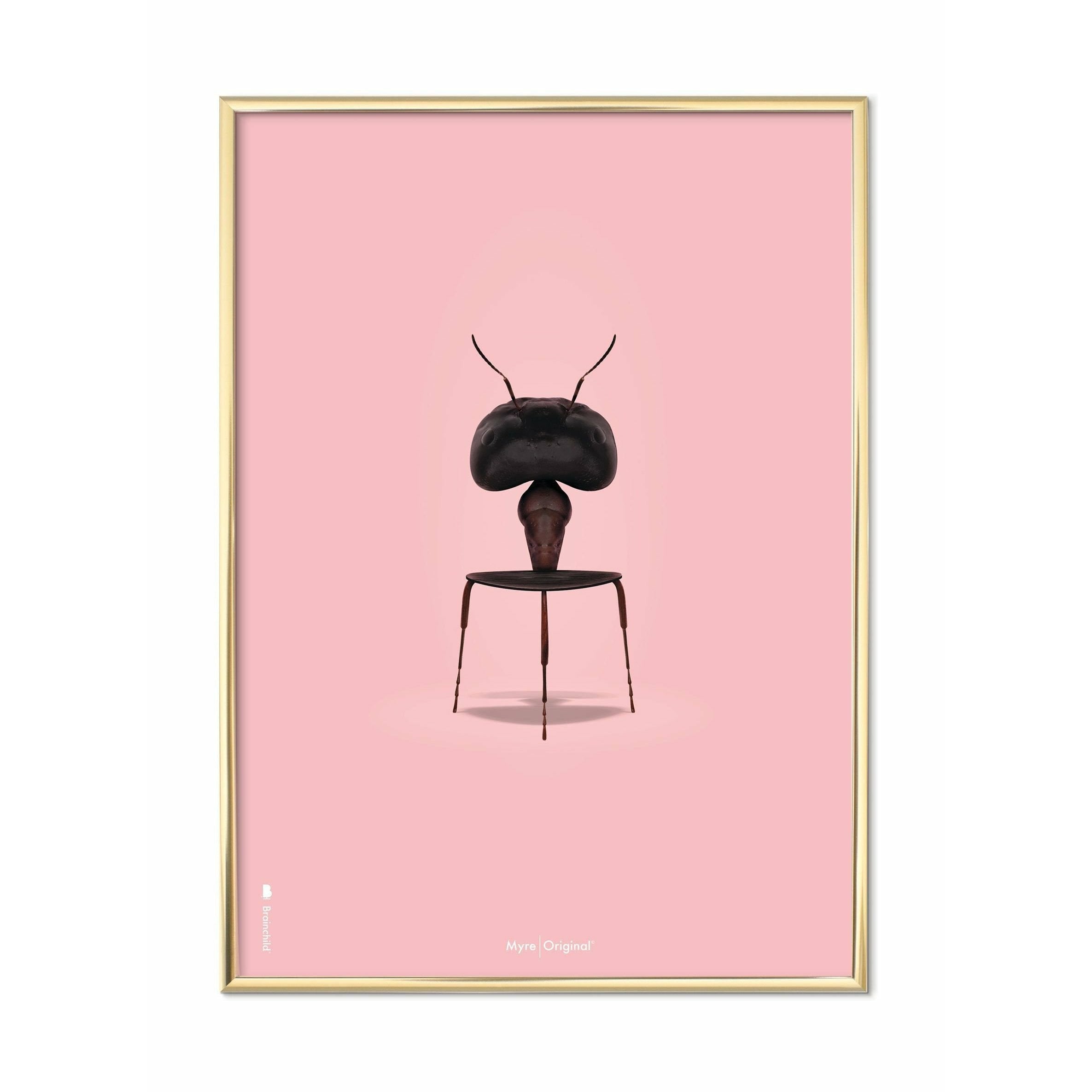 Brainchild Ant Classic Poster, Brass Colored Frame 30x40 Cm, Pink Background