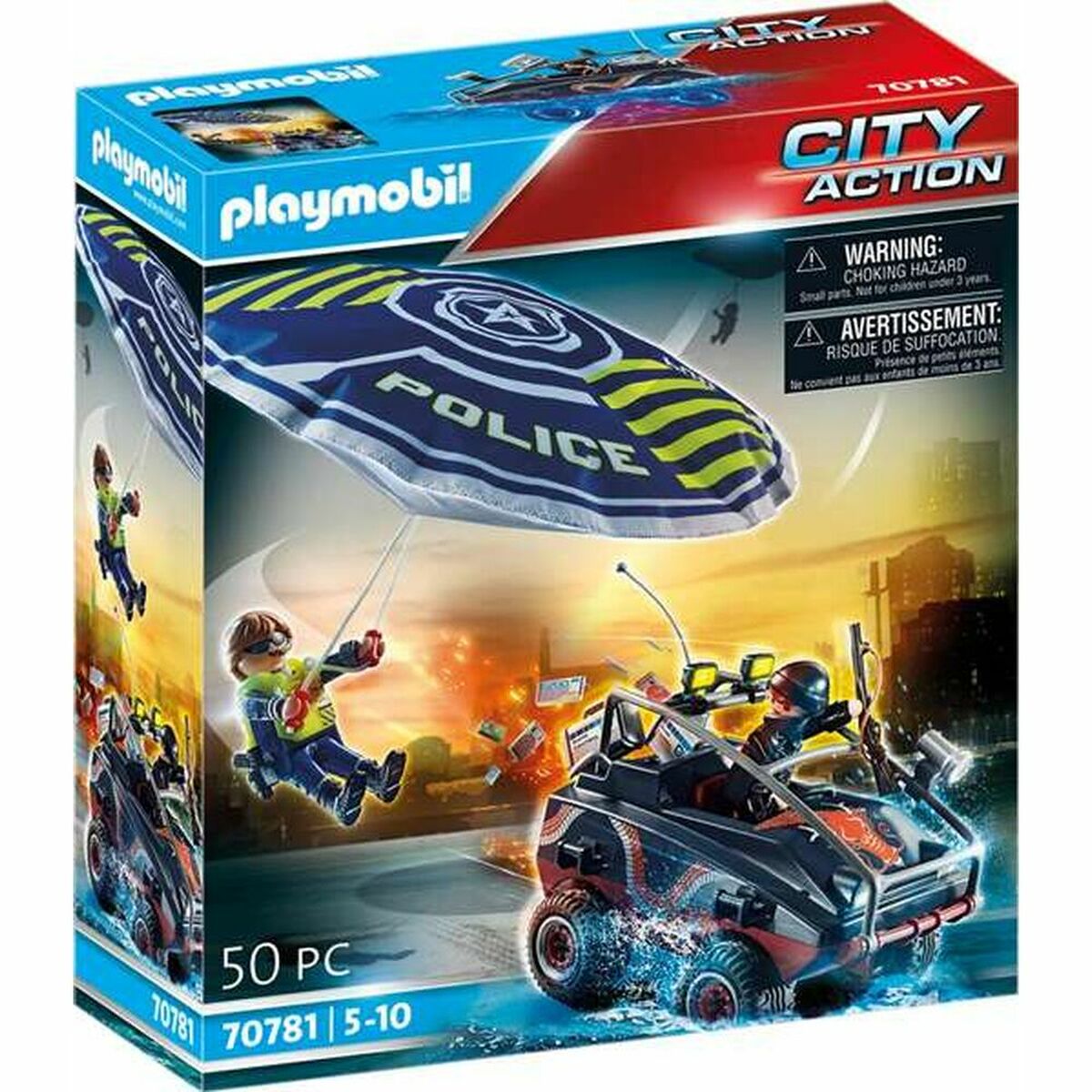 Playset Playmobil City Action Police Parachute con vehículo anfibio