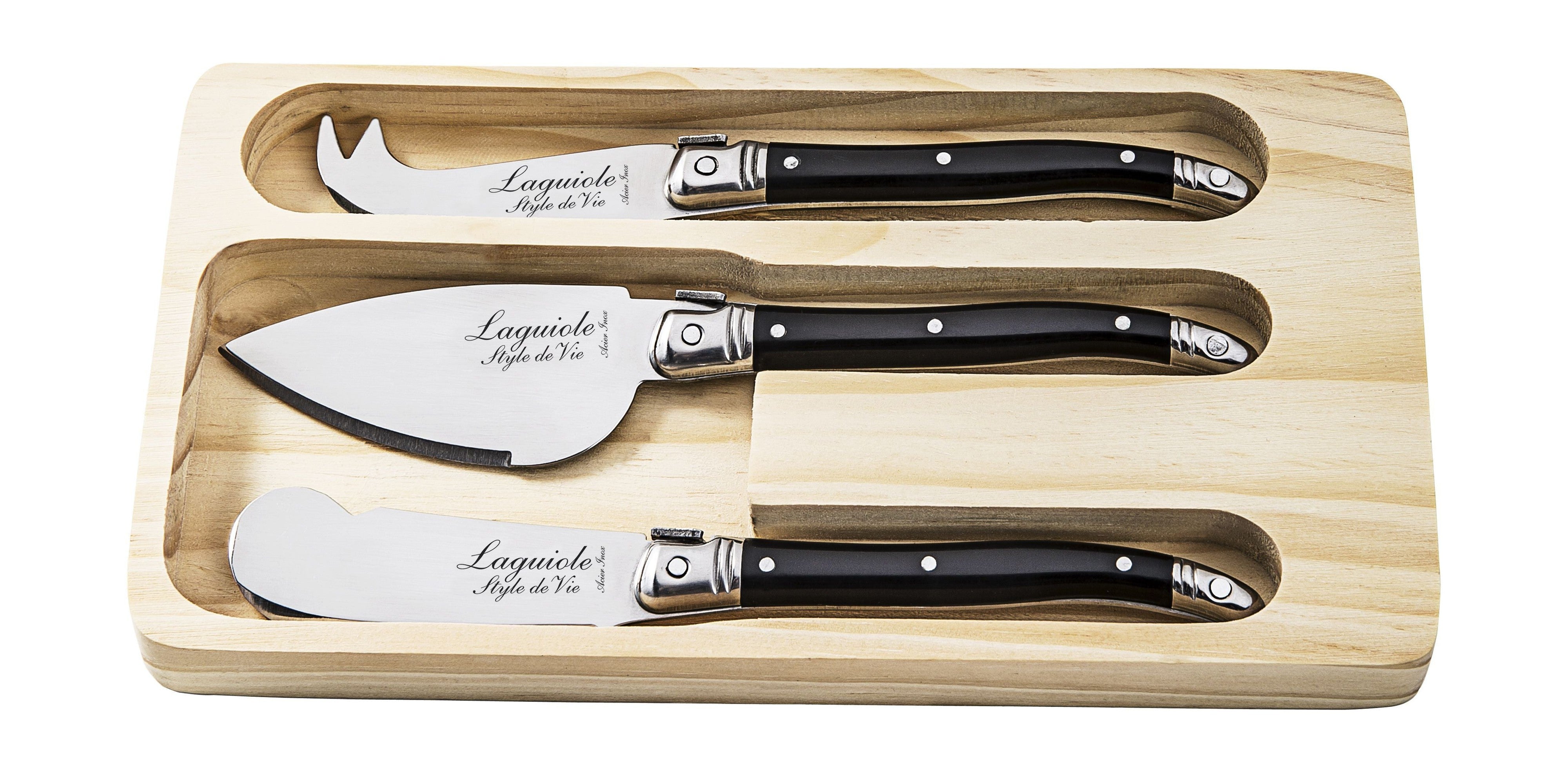 Estilo de Vie Authentique Laguiole Knives de queso de línea premium 3 piezas, negro