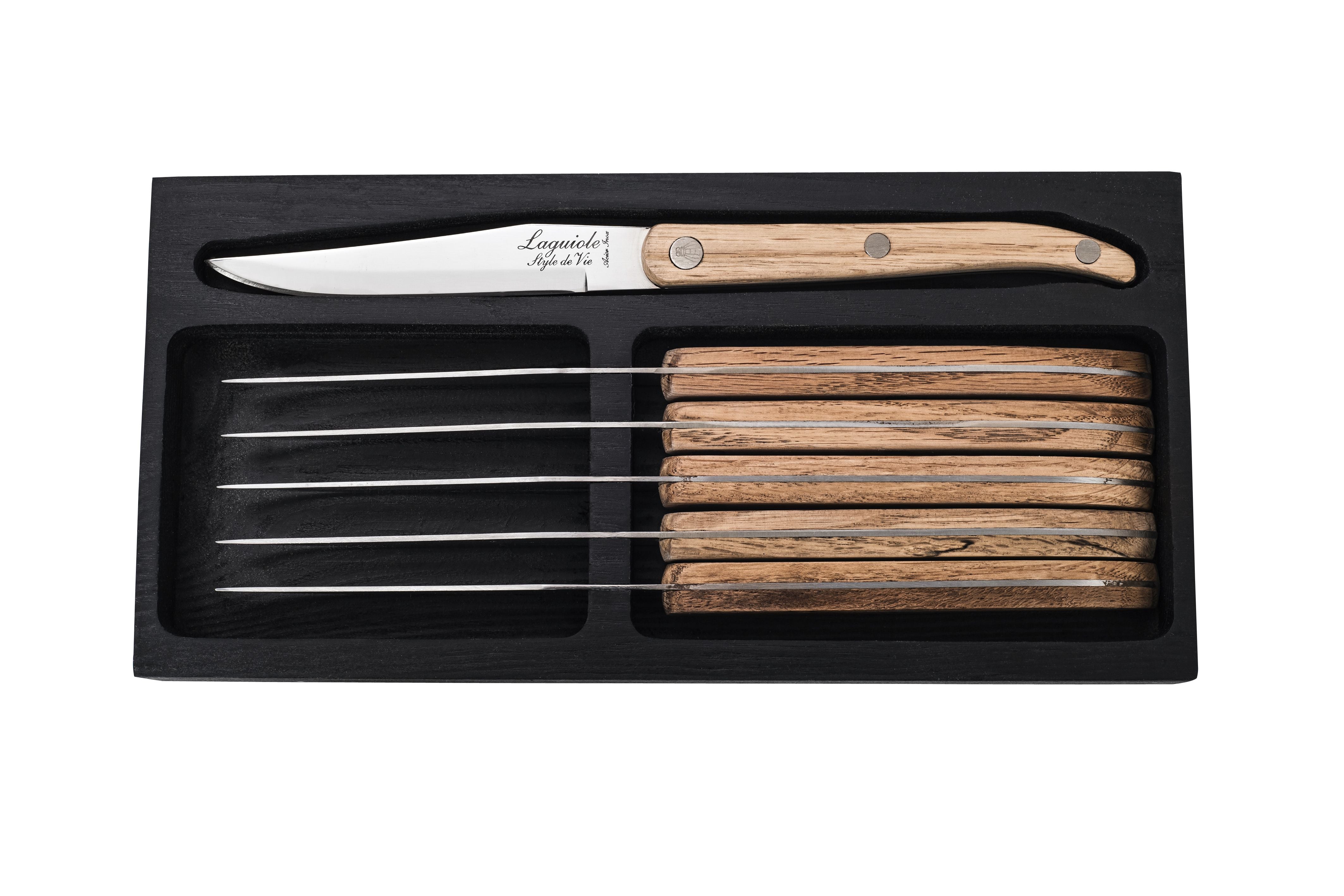 Stil de vie authentique laguiole Innovationslinie Steakmesser 6 Stück Set Eiche Holz, glatte Klinge