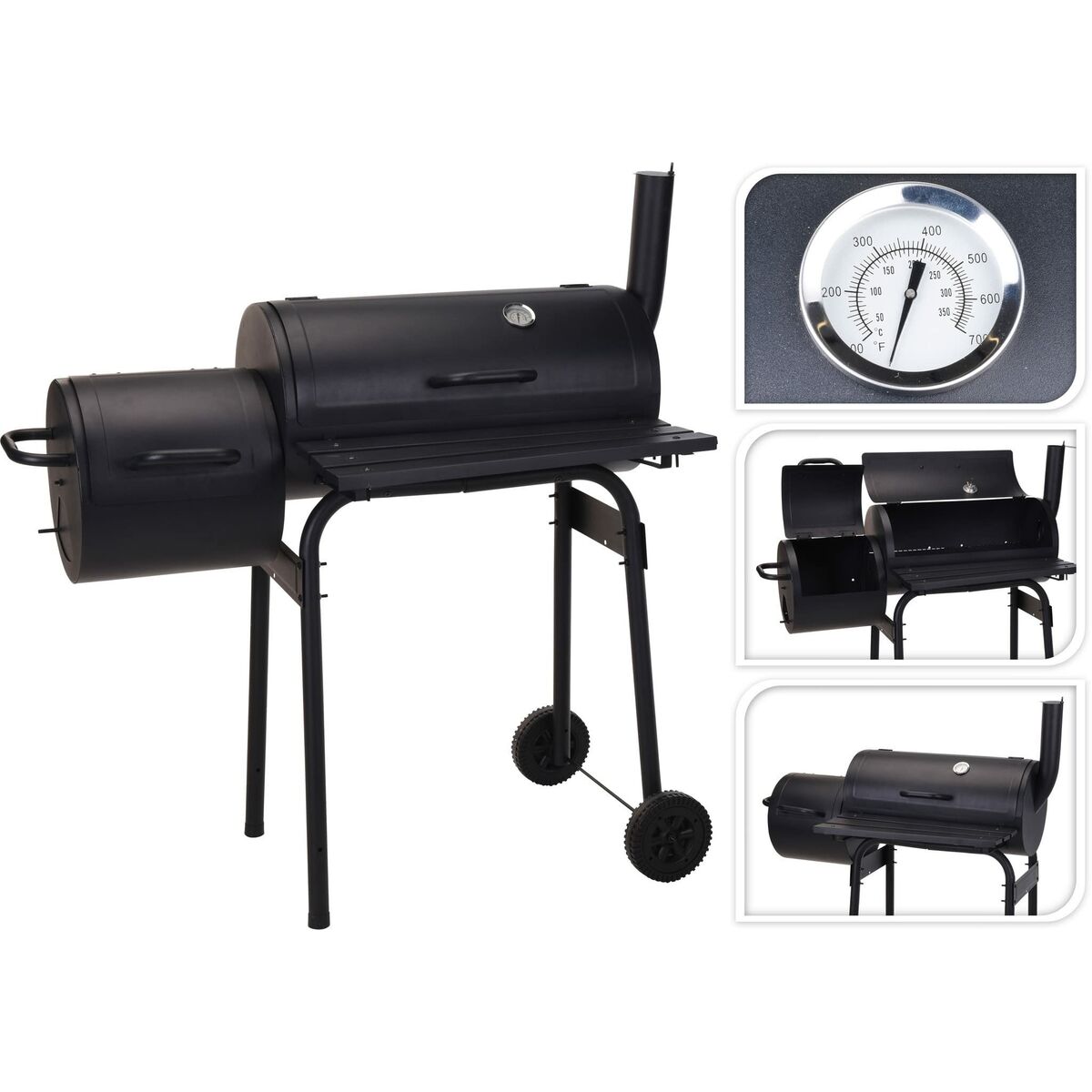 Barbecue de charbon avec couverture et roues noires (112 x 63 x 112 cm)