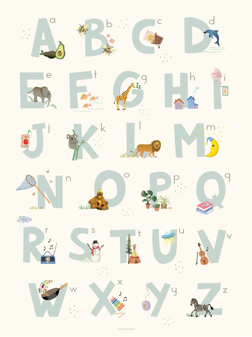 Vissevasse alfabet blå engelska affisch, 30x40 cm