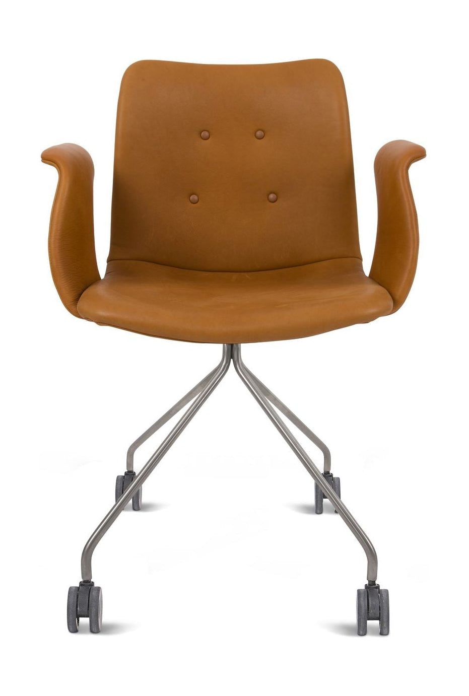 Silla de primum Bent Hansen con reposabrazos marco de rueda de acero inoxidable, cuero Cognac Adrian