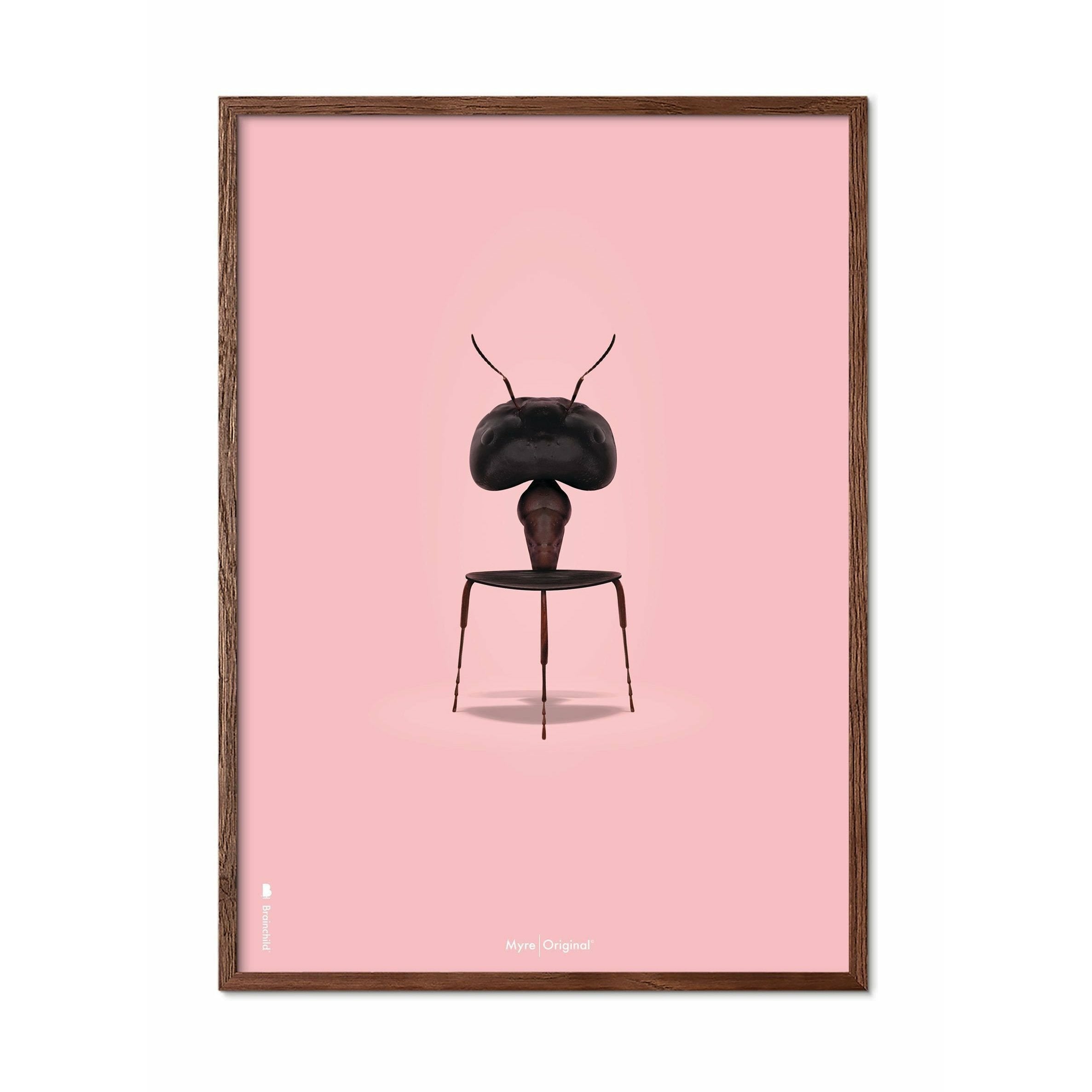 Affiche classique de fourmi, sombre, cadre en bois foncé 30x40 cm, fond rose