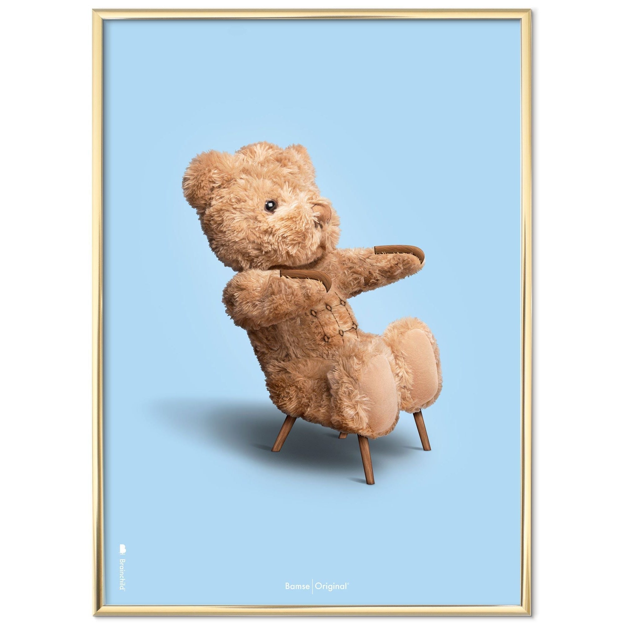 Brainchild Teddy Bear Classic Poster Brass Colored Frame 30x40 Cm, Light Blue Background