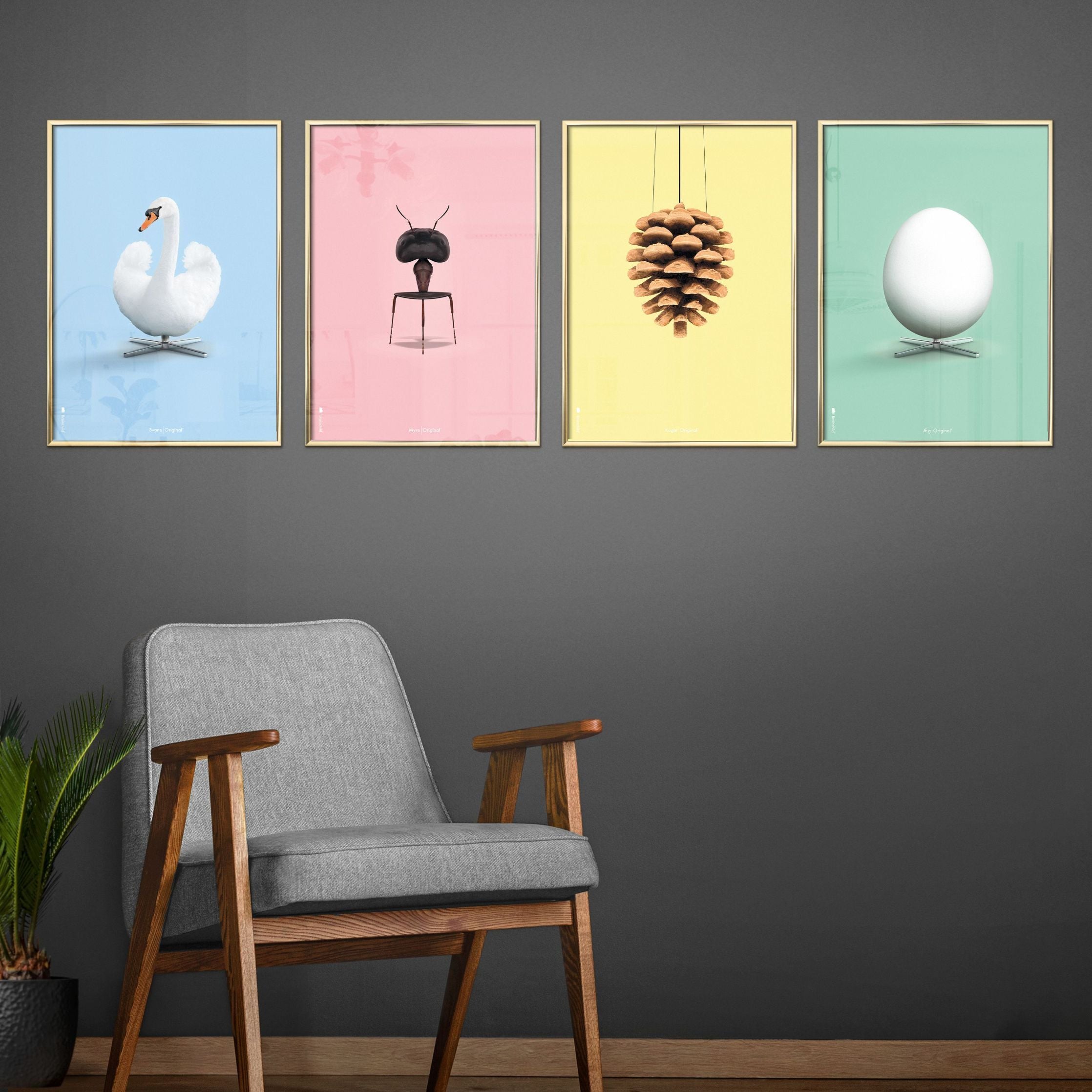 Brainchild Pine Cone Classic Poster, frame gemaakt van licht hout A5, gele achtergrond