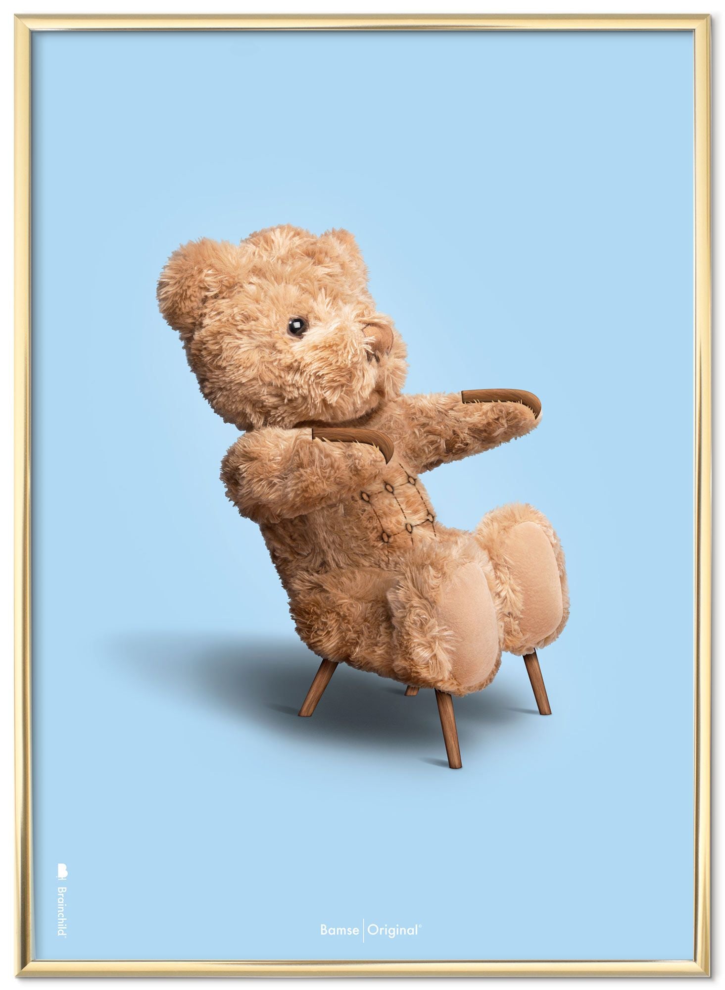 Brainchild Teddy Bear Classic Poster Brass Colored Rahmen 30x40 cm, hellblauer Hintergrund