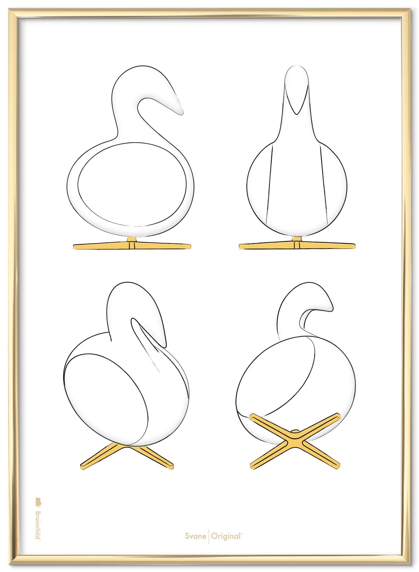 Brainchild Swan Design Sketches Affisch Frame gjord av mässingsfärgad metall A5, vit bakgrund