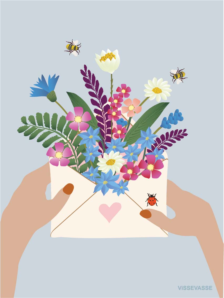 Vissevasse blommor i kuvert gratulationskort A7