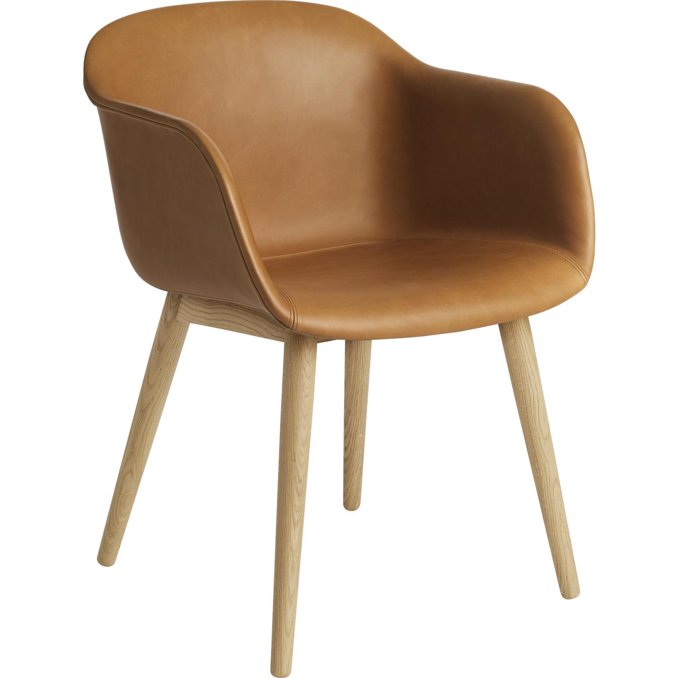 Muuto vezel fauteuil houten basis, lederen stoel, eiken cognac leer