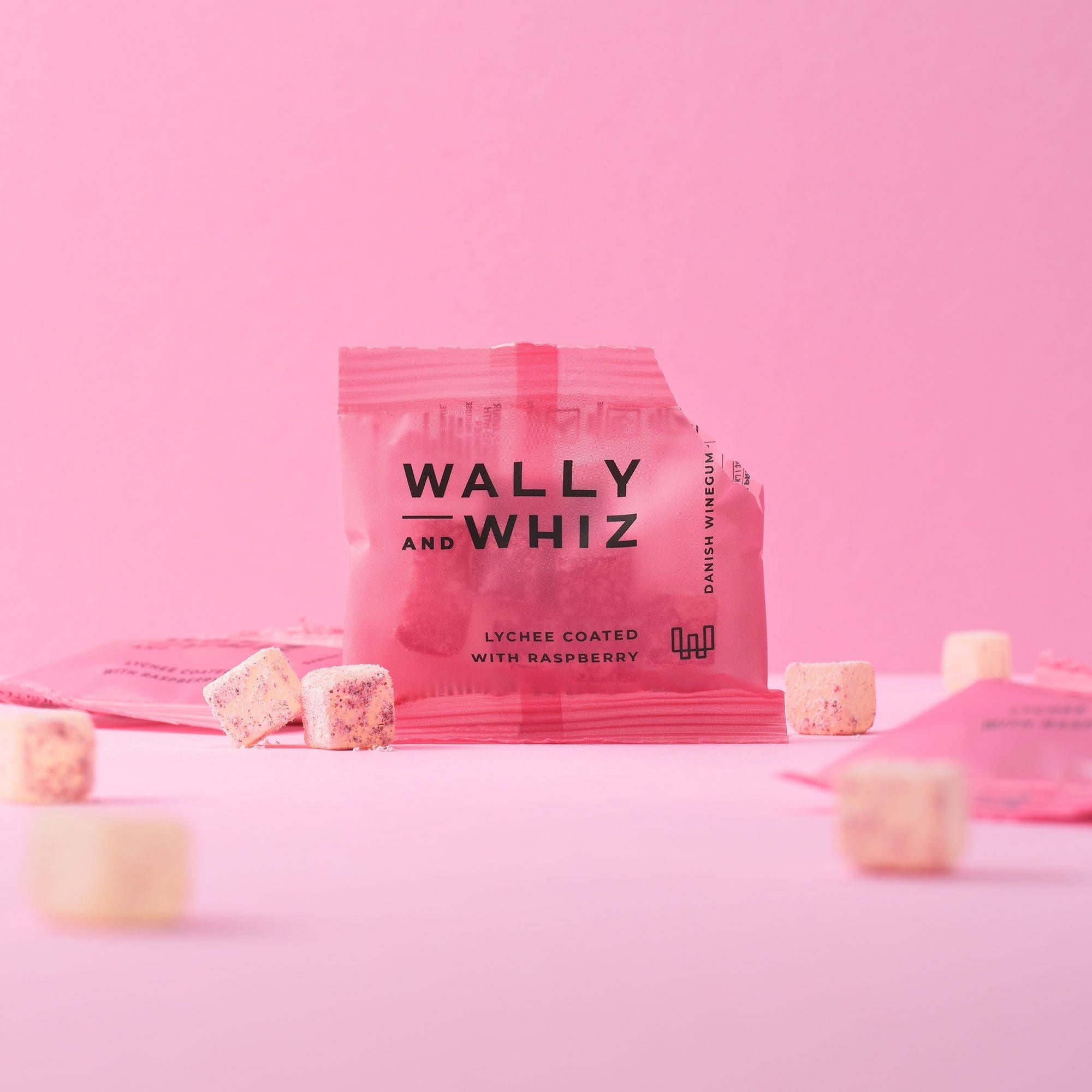 Wally og Whiz Wine Gum -flowpack -kasse med 200 flowpacks, Lychee med hindbær