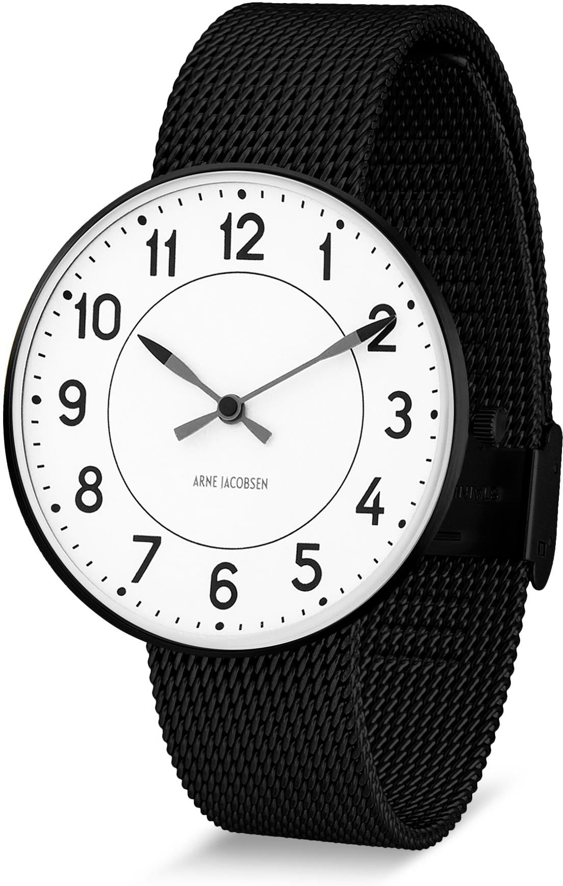 Arne Jacobsen Station Armbanduhr Ø40, Schwarz/Schwarzes Netz