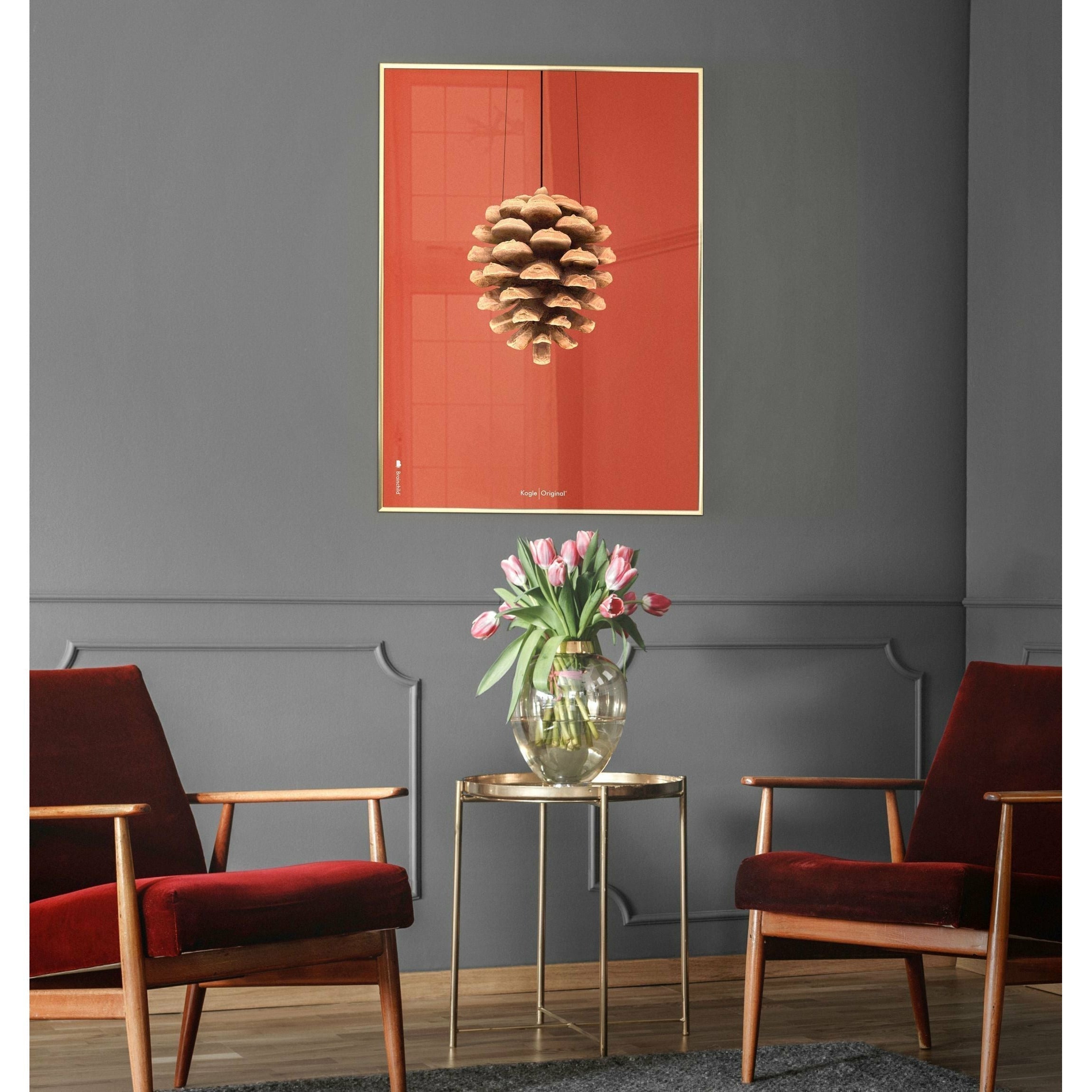 [product_category]-Brainchild Pine Cone Classic Poster, Frame In Black Lacquered Wood 50x70 Cm, Red Background-Brainchild-25003-C-BRA-10