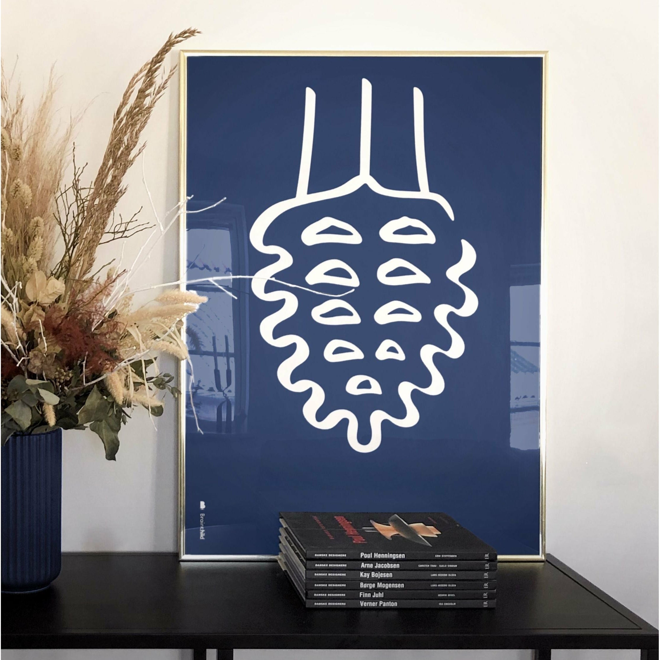 [product_category]-Brainchild Pine Cone Line Poster, Brass Colored Frame A5, Blue Background-Brainchild-B-21001-D-BRA-4