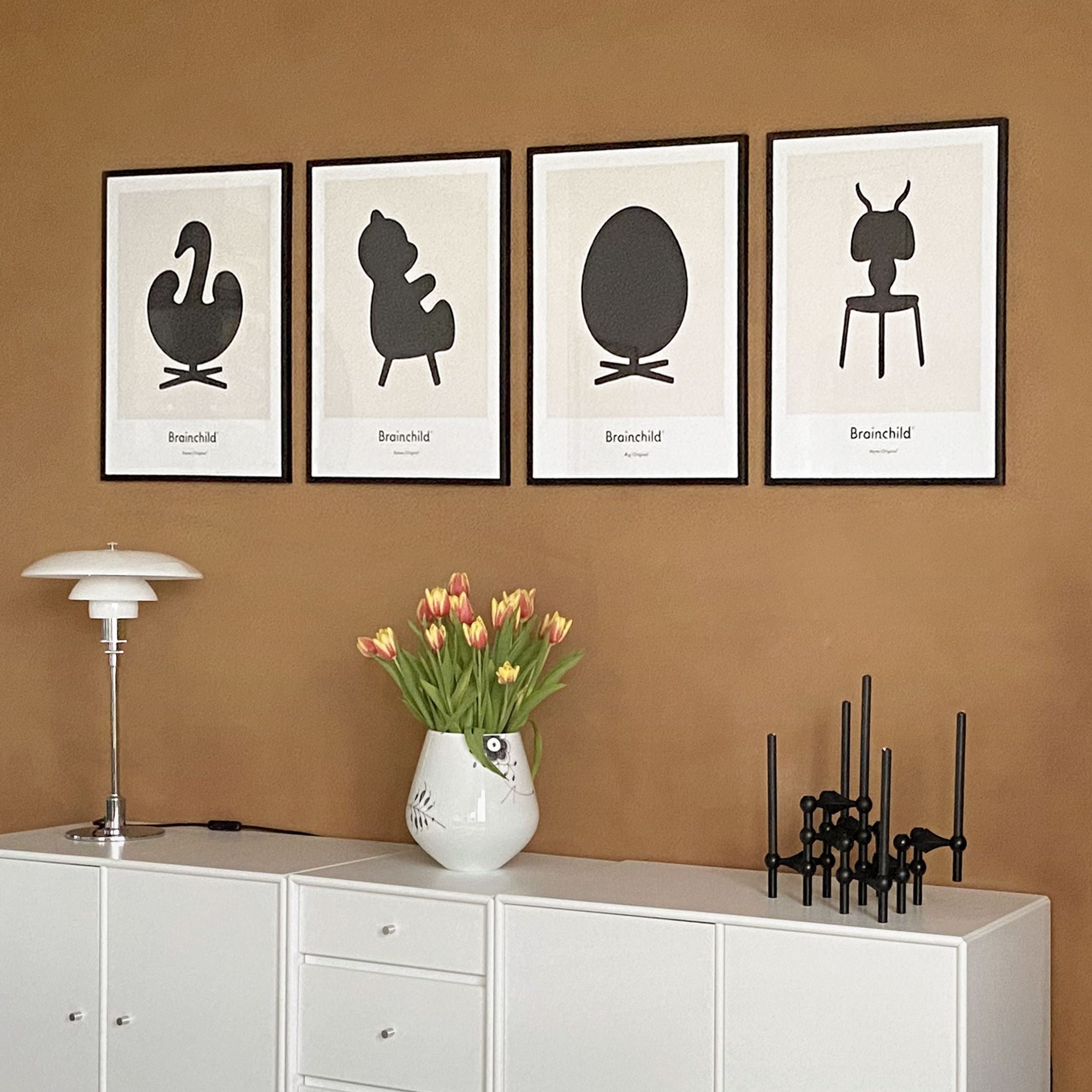 Brainchild Swan Design Icon Poster, Frame Made Of Dark Wood 70 X100 Cm, Grey