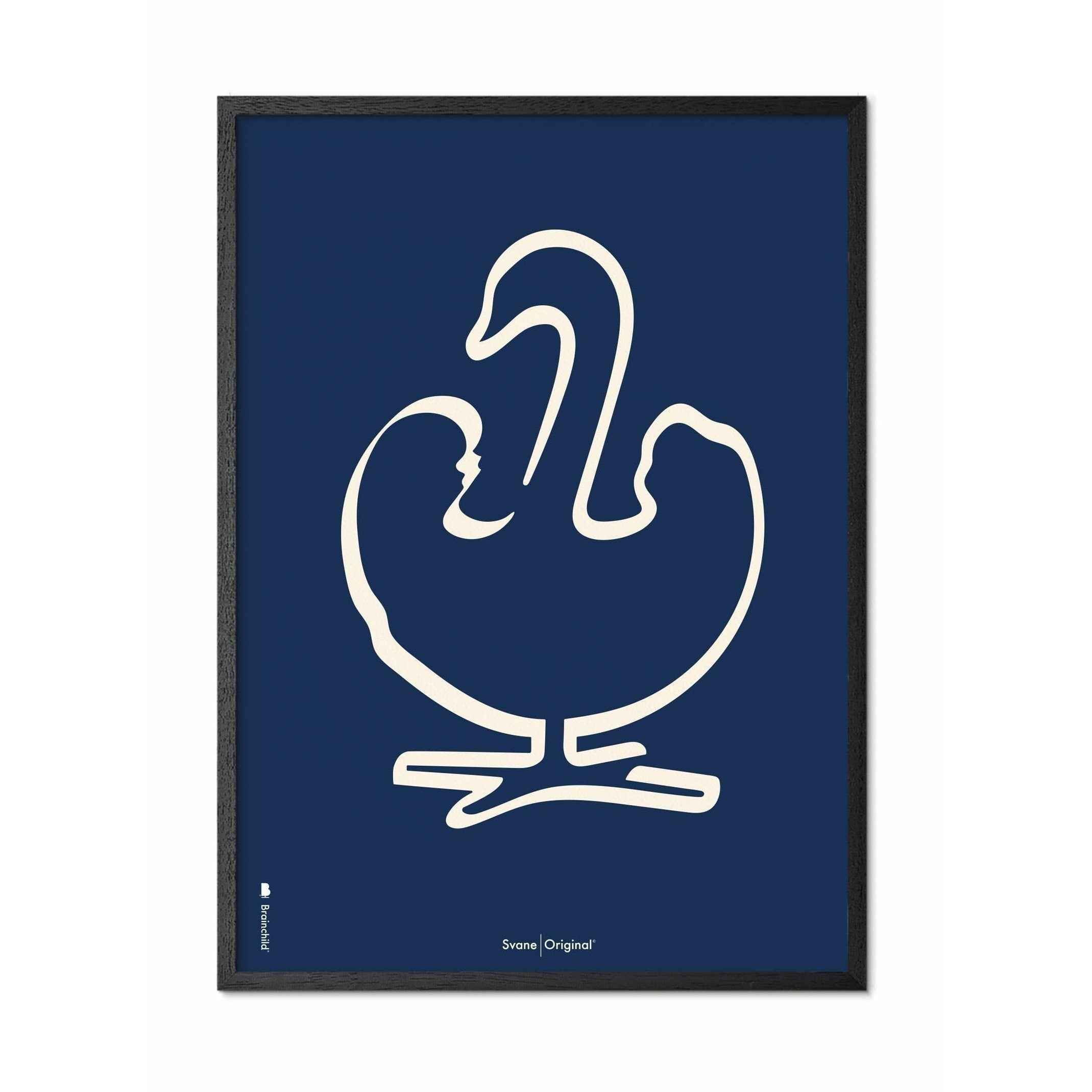 Brainchild Swan Line Poster, Rahmen in schwarz lackiertem Holz 70x100 cm, blauer Hintergrund