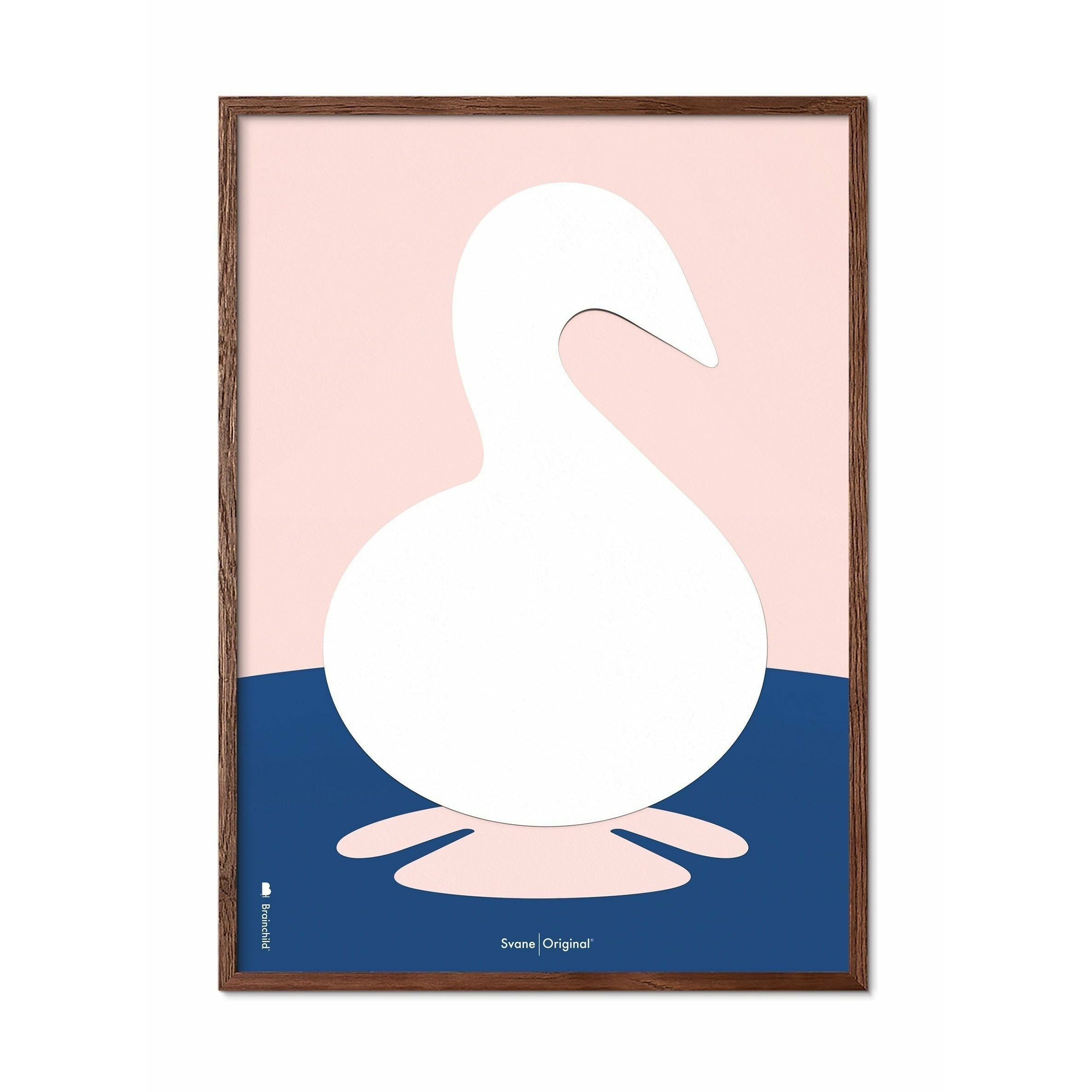 Brainchild Swan Paper Clip Poster, Dark Wood Frame A5, Pink Background