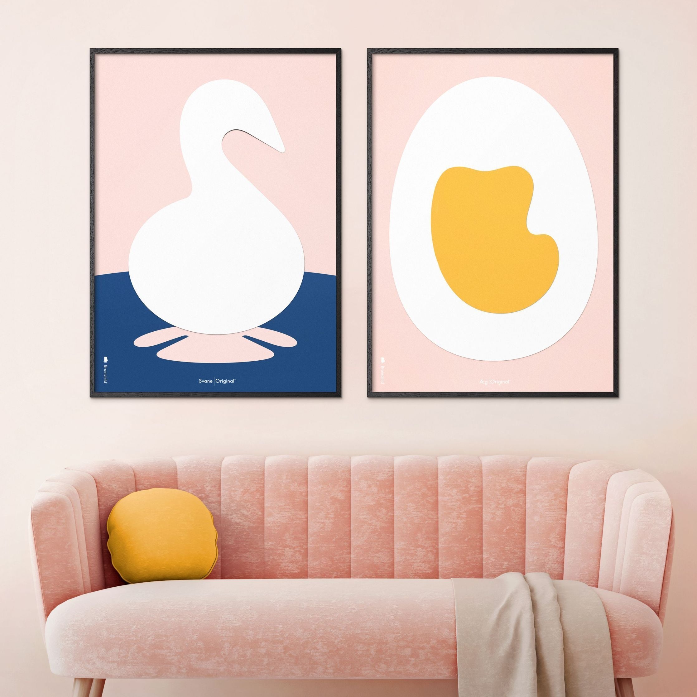 Affiche en papier cygne swan, cadre en bois clair 50x70 cm, fond rose