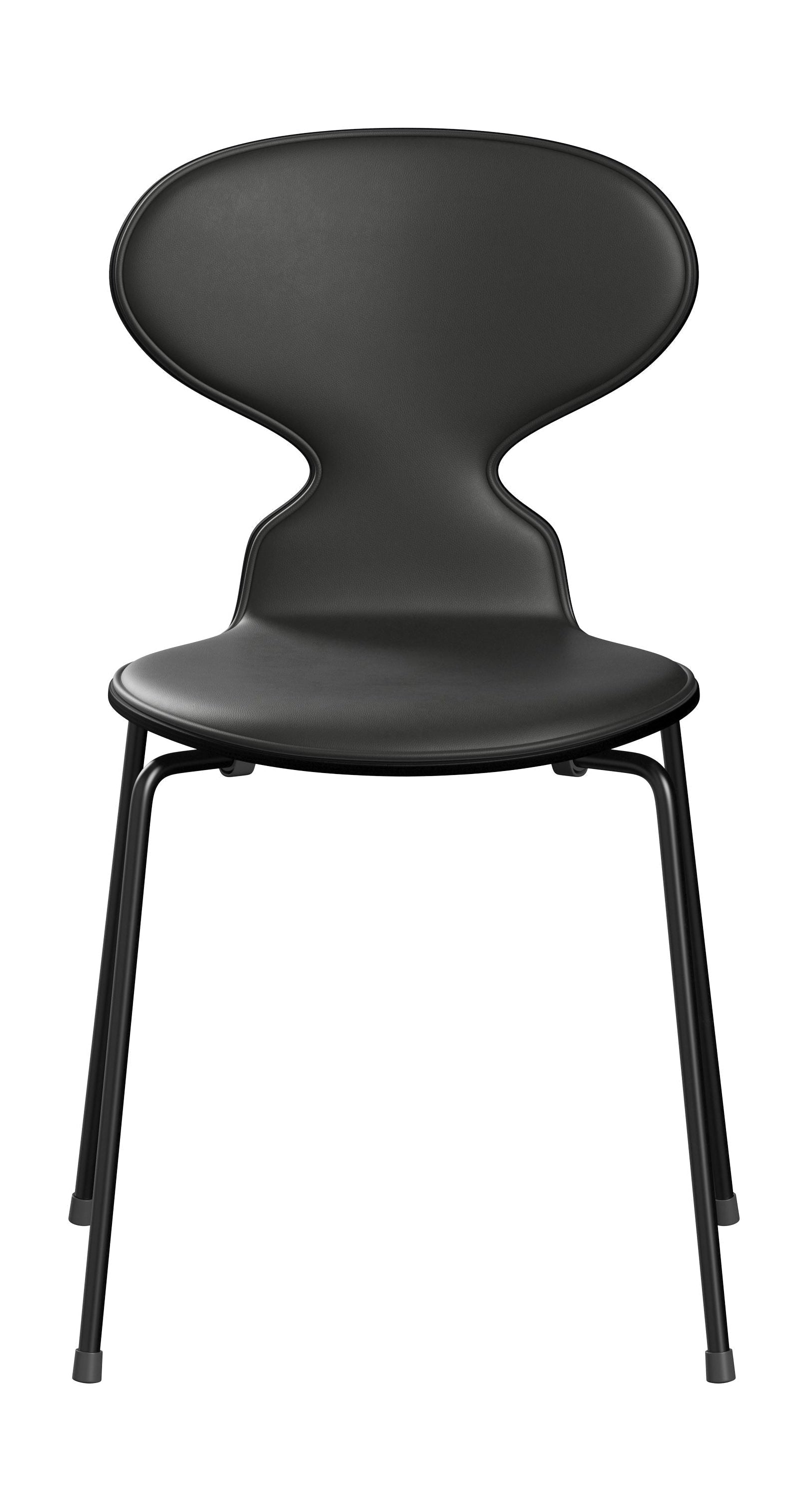 Fritz Hansen 3101 Silla de hormigas tapizada, concha: chapa lacada negra, tapicería: cuero esencial negro, base: acero/negro