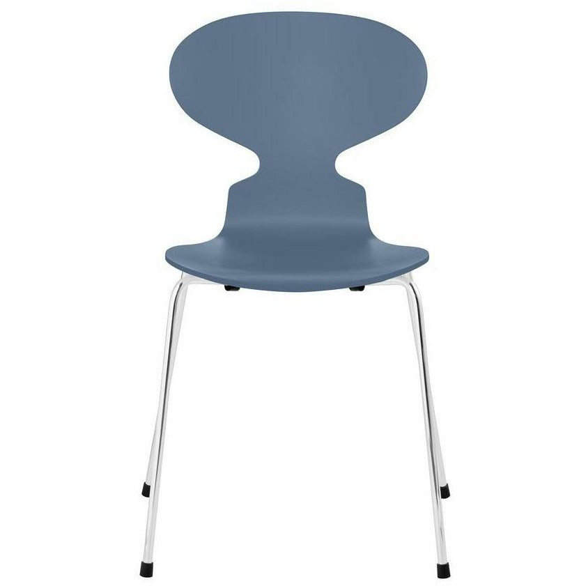 Fritz Hansen Ant Stol Lacked Dusk Blue Shell, Chrome Plated Steel Base