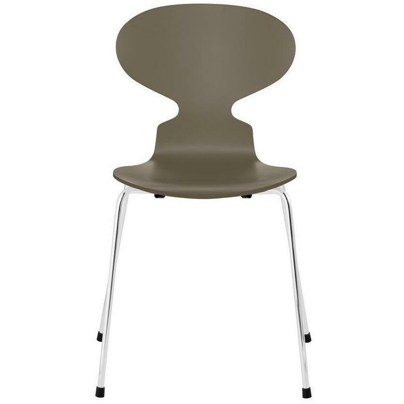 Fritz Hansen Ant Chair Lacquered Olive Green Bowl, Chrome Plated Steel Base