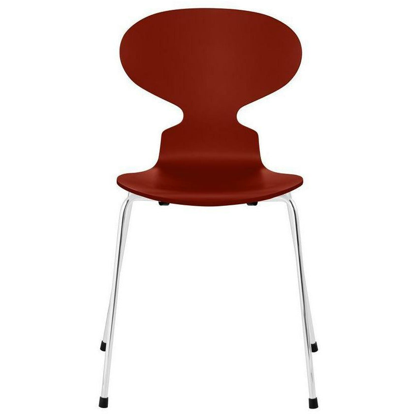 Fritz Hansen Ant Stol Lacked Venetian Red Shell, Chrome Plated Steel Base