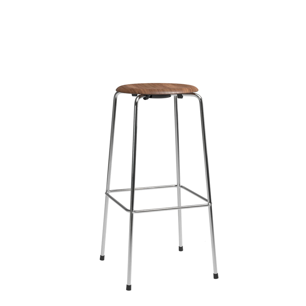 Fritz Hansen High Dot Bar Stool, Clear Lacked Veneer Walnut/Chrom Base