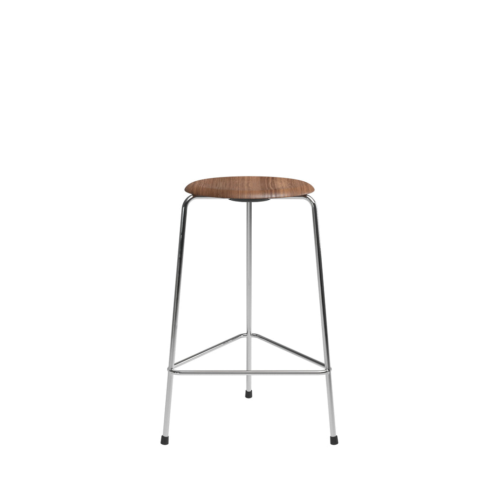 Fritz Hansen High Dot Counter Stool 3 Legs, Clear Laquered Veneer Walnut/Chrome Base