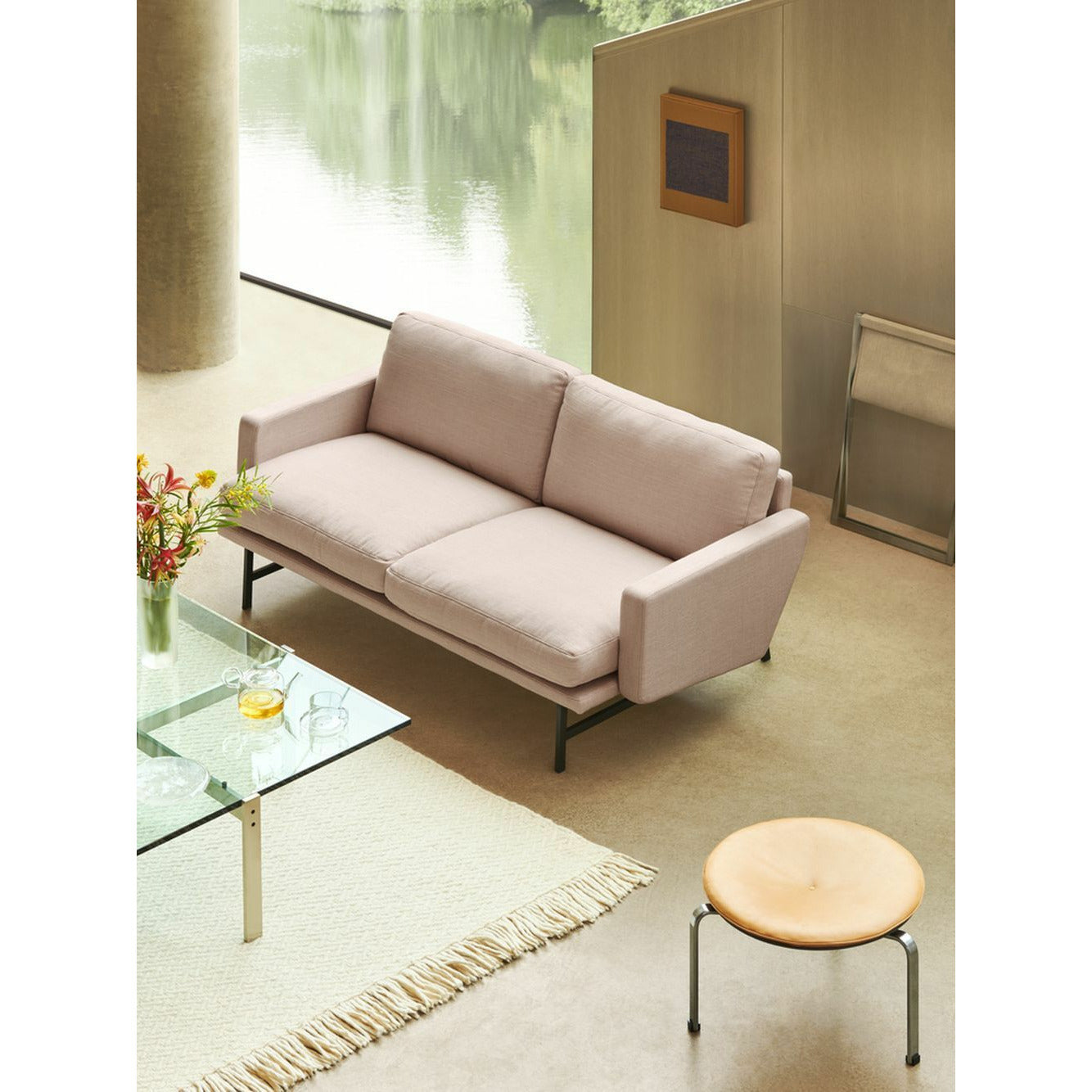 Fritz Hansen Lissoni Sofá Fabric 2 lugares, aço inoxidável Matt polido/Grace Walnut