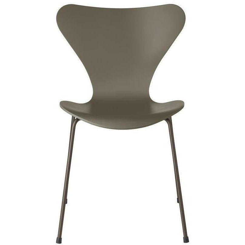 Fritz Hansen Series 7 Cadeira Lacada tigela verde de oliveira, base de bronze marrom