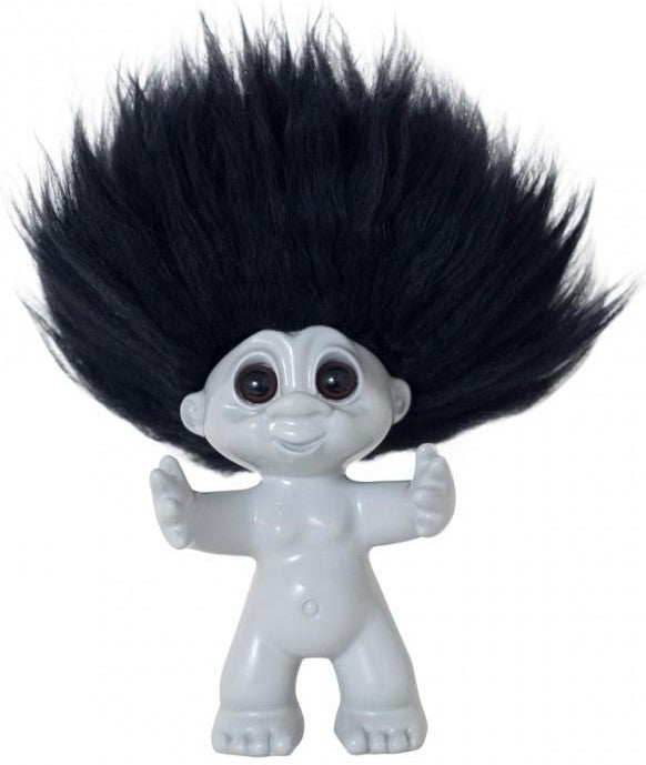 Goodlucktroll lichtgrijs/ zwart haar, 9 cm