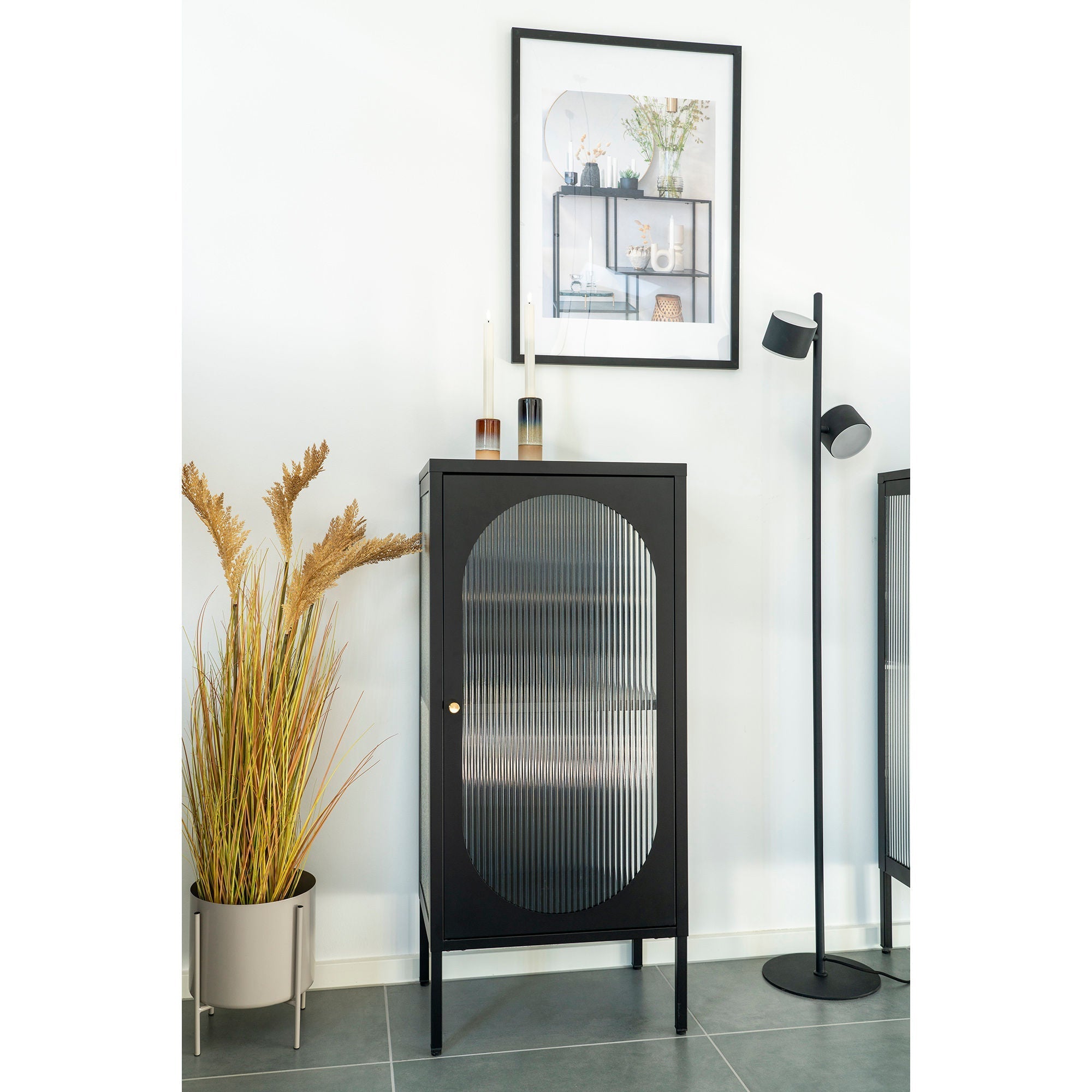House Nordic Adelaide Display Cabinet, Black, 1 Rippled Glass Door, 50x35x110 Cm