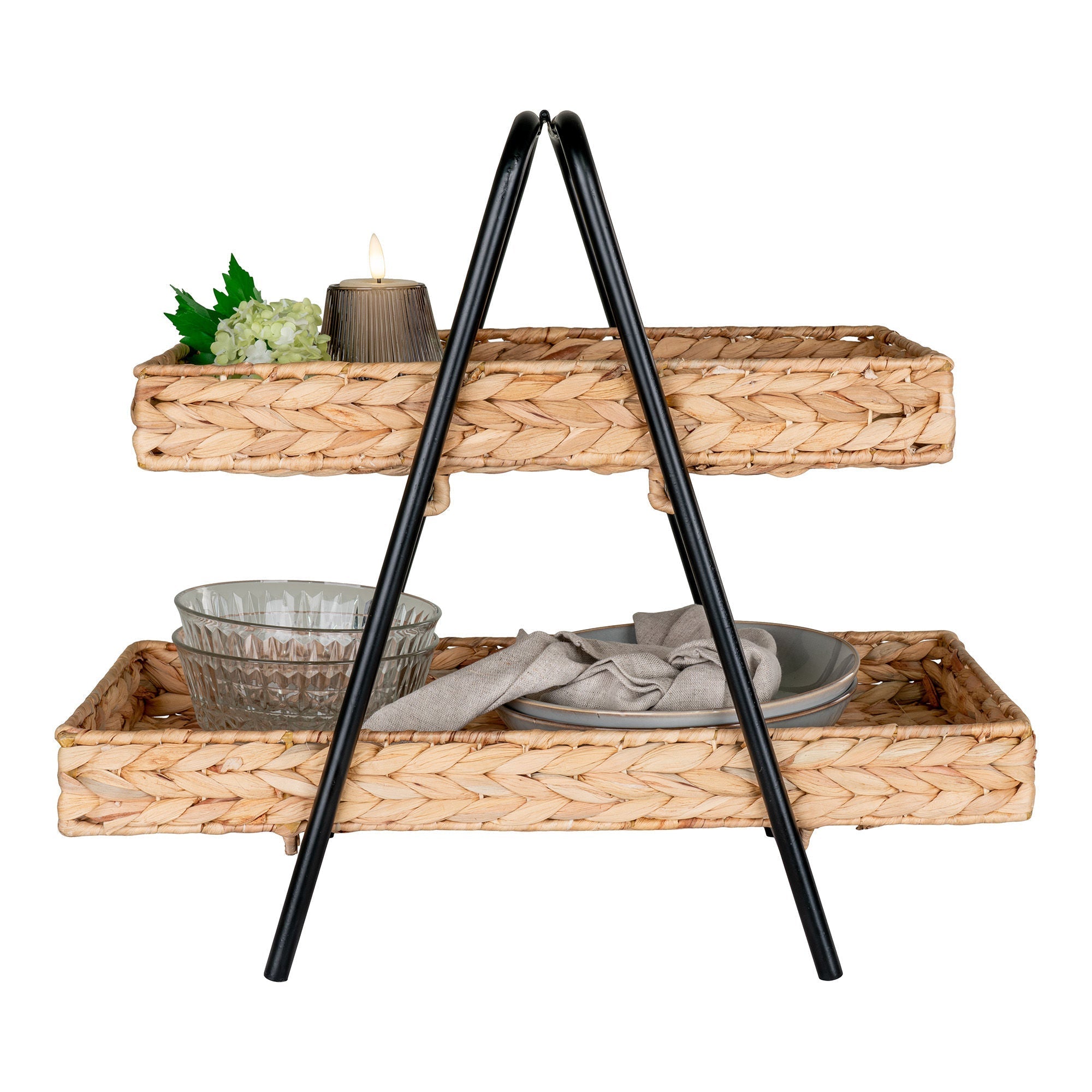 House Nordic Alfaro Tray, Water Hyacinth/Metal, Natural/Black, 42x23x43,5 Cm