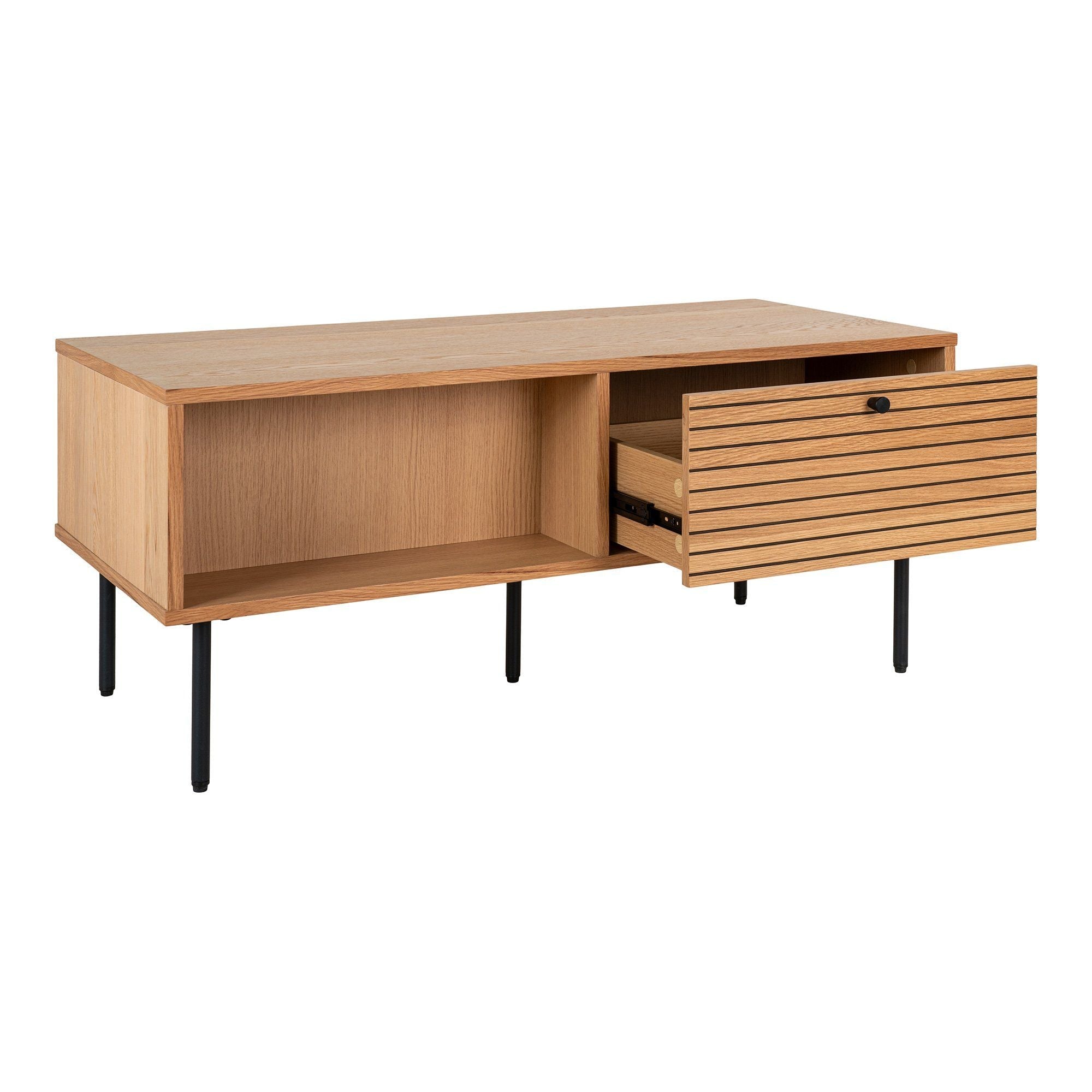 House Nordic Kyoto Coffee Table, 2 Drawers, Oak Veneer, Natural, Black Metal Legs, 50x100x45 Cm