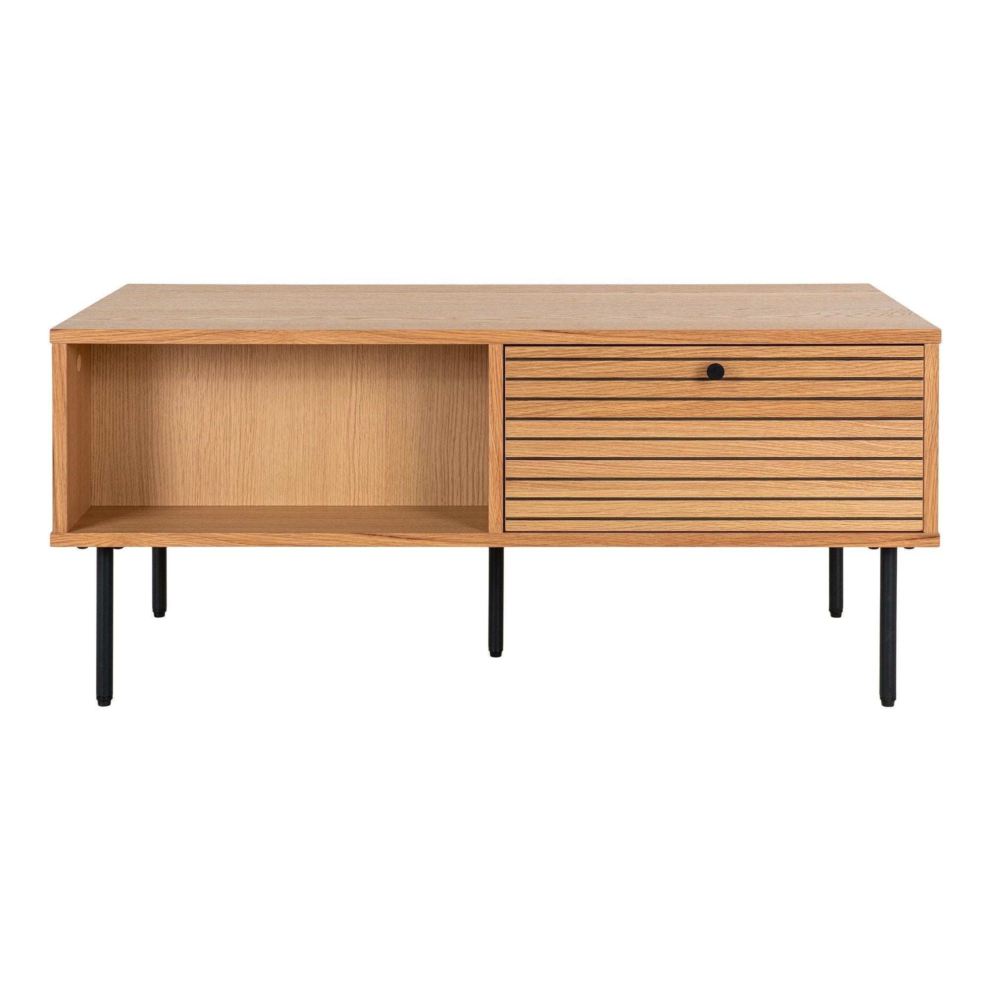 House Nordic Kyoto Coffee Table, 2 Drawers, Oak Veneer, Natural, Black Metal Legs, 50x100x45 Cm