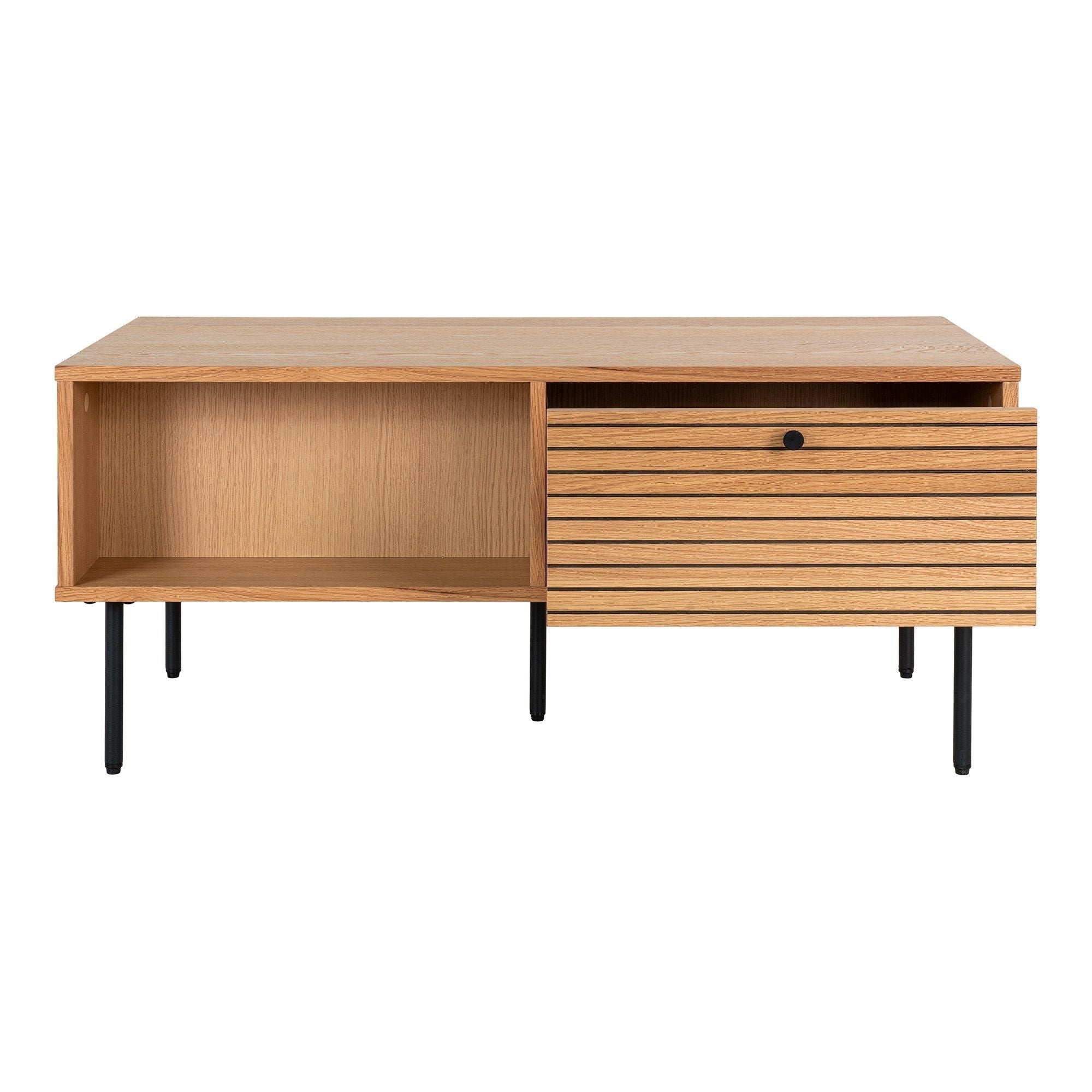 House Nordic Kyoto Coffee Table, 2 Drawers, Oak Veneer, Natural, Black Metal Legs, 50x100x45 Cm