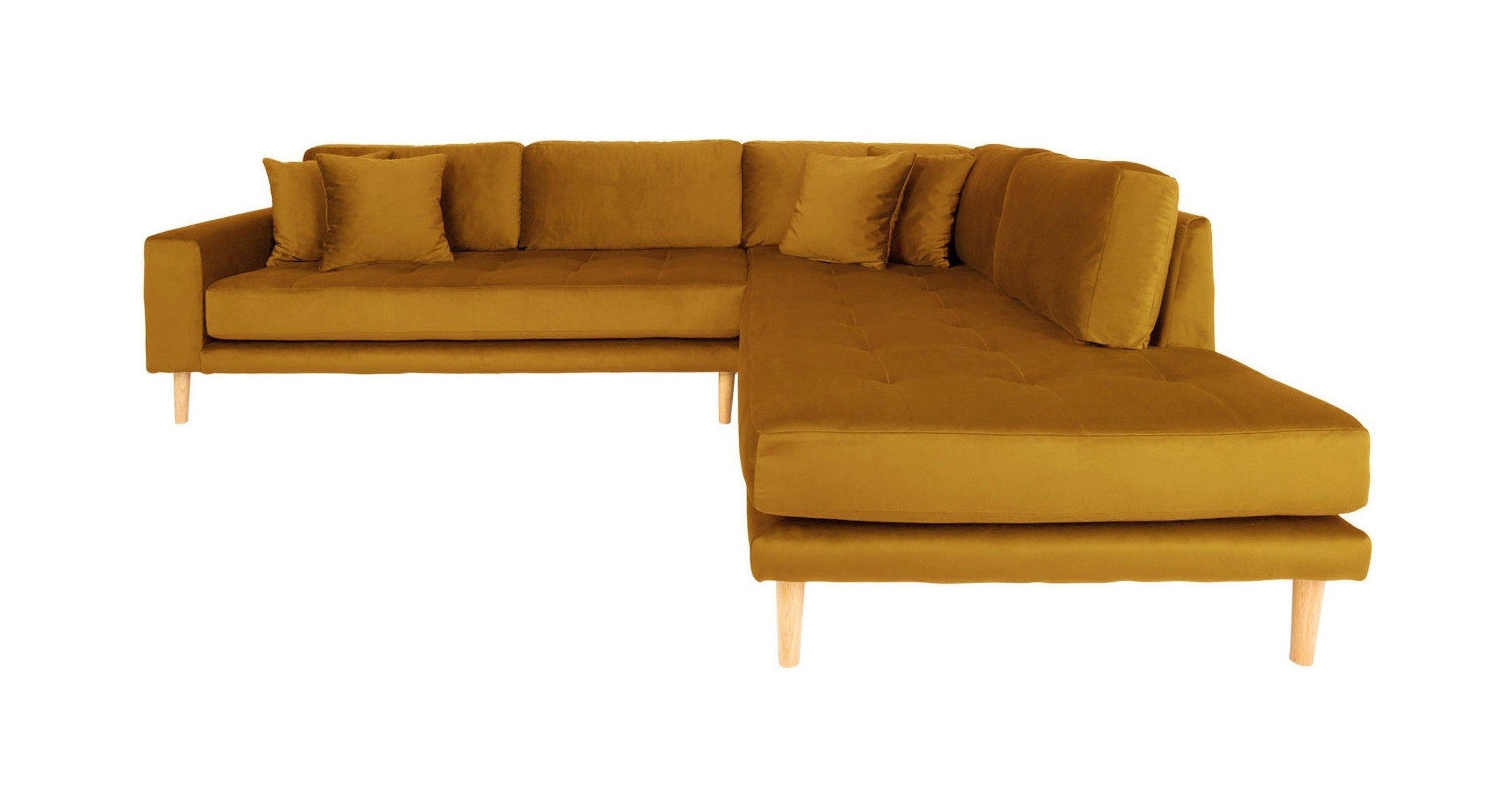 House Nordic Lido Cornersofa Open End, Rightfacing In Mustard Yellow Velvet With Four Pillows And