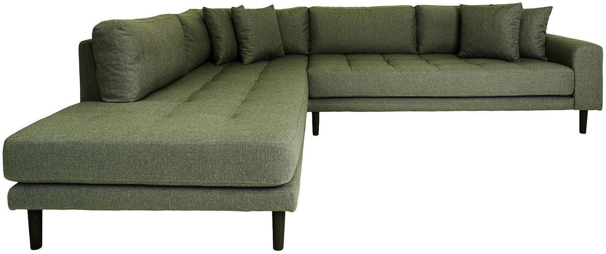 House Nordic Lido Corner Sofa With Open End, Left Facing In Olive Green With Four Pillows And Black Wood Legs,