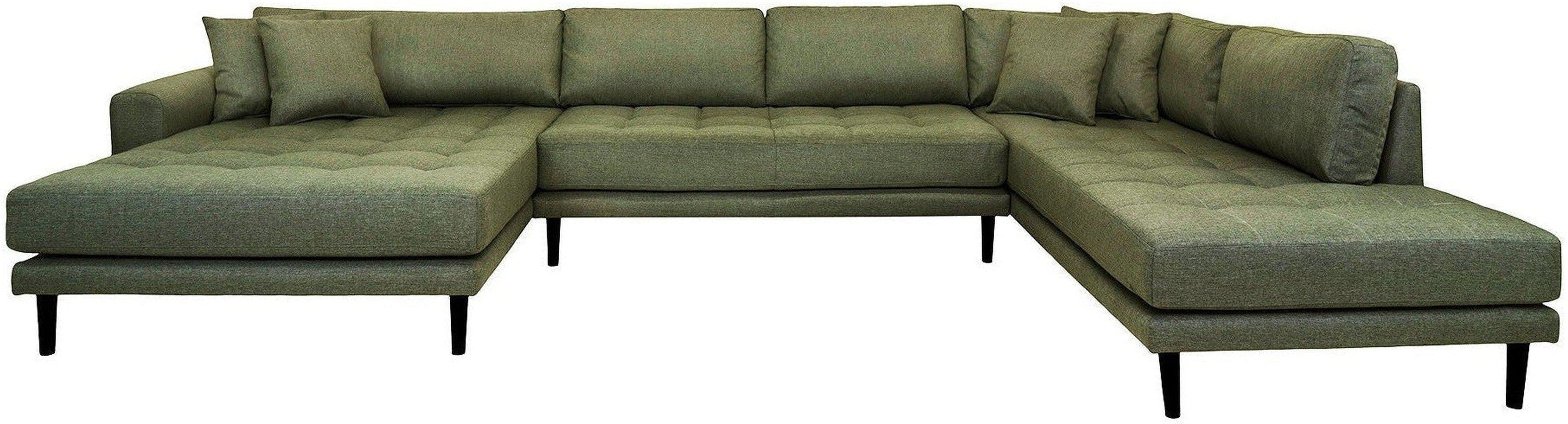 House Nordic Lido U Sofa Open End , Olive Green With Four Pillows And Black Wood Legs, Hn1020