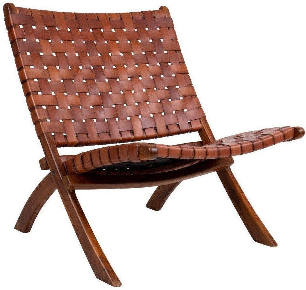 House Nordic Perugia Folding Chair In Leather, Brown With Teak Wood Legs