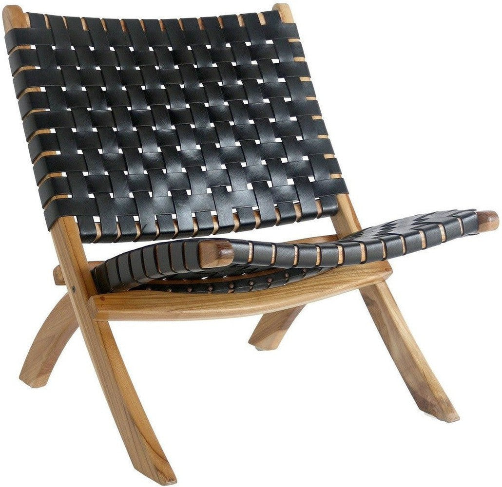 House Nordic Perugia Folding Chair In Leather, Black With Teak Wood Legs