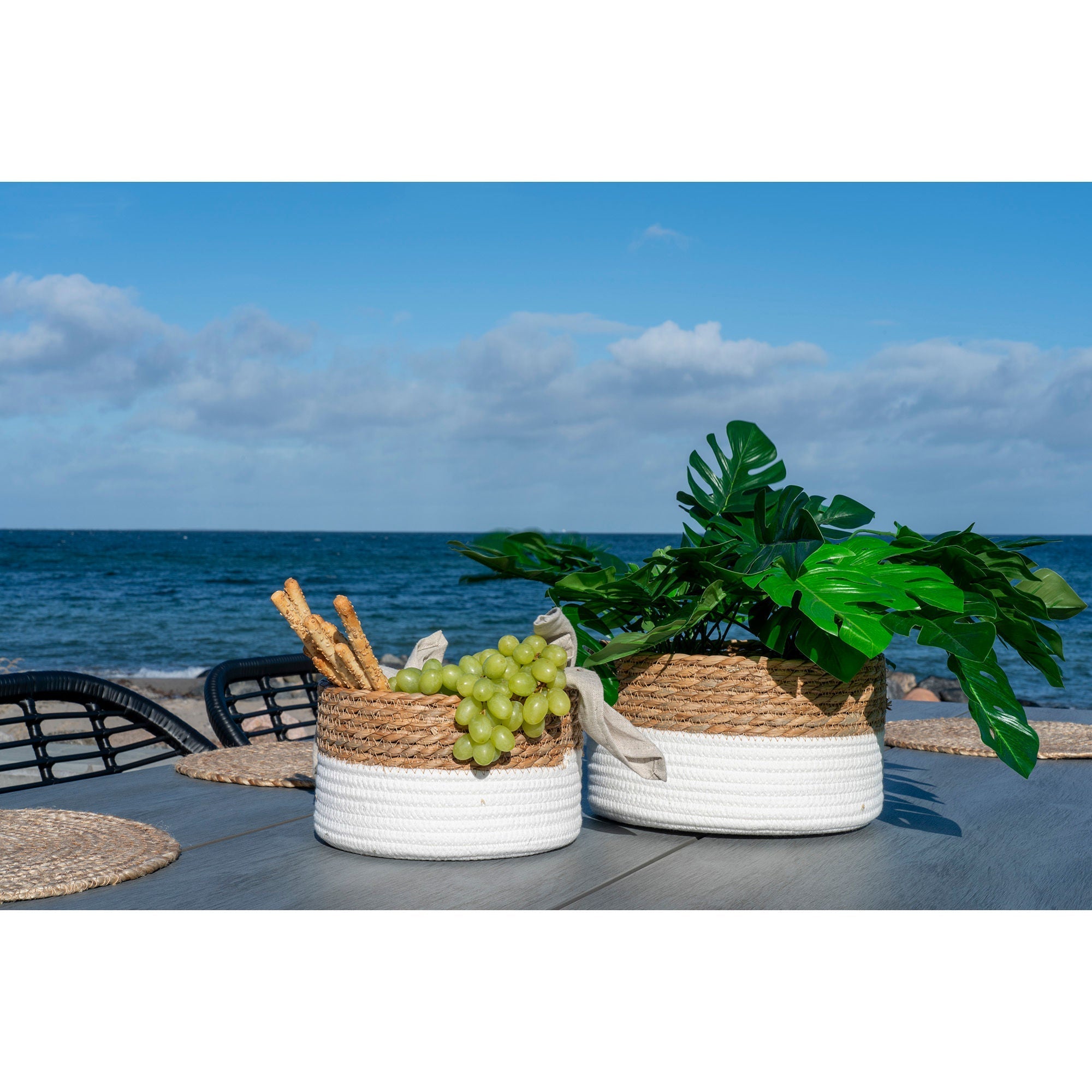 House Nordic Tanta Baskets, Cotton/Reed, White/Natural, Set Of 2