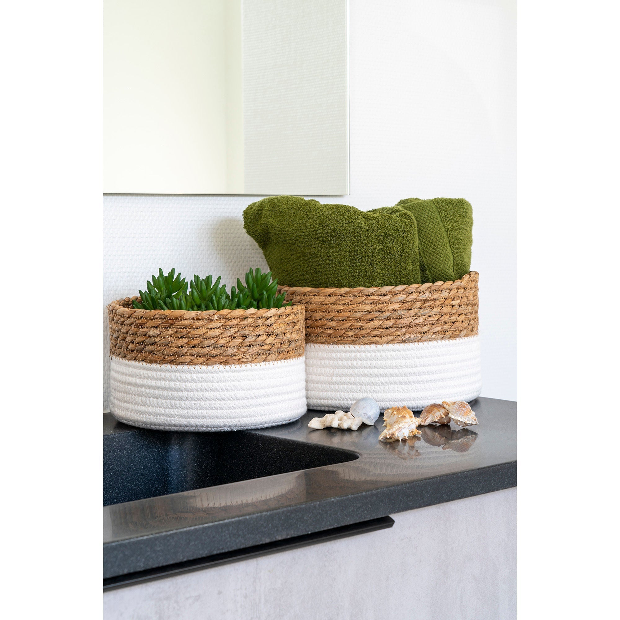 House Nordic Tanta Baskets, Cotton/Reed, White/Natural, Set Of 2